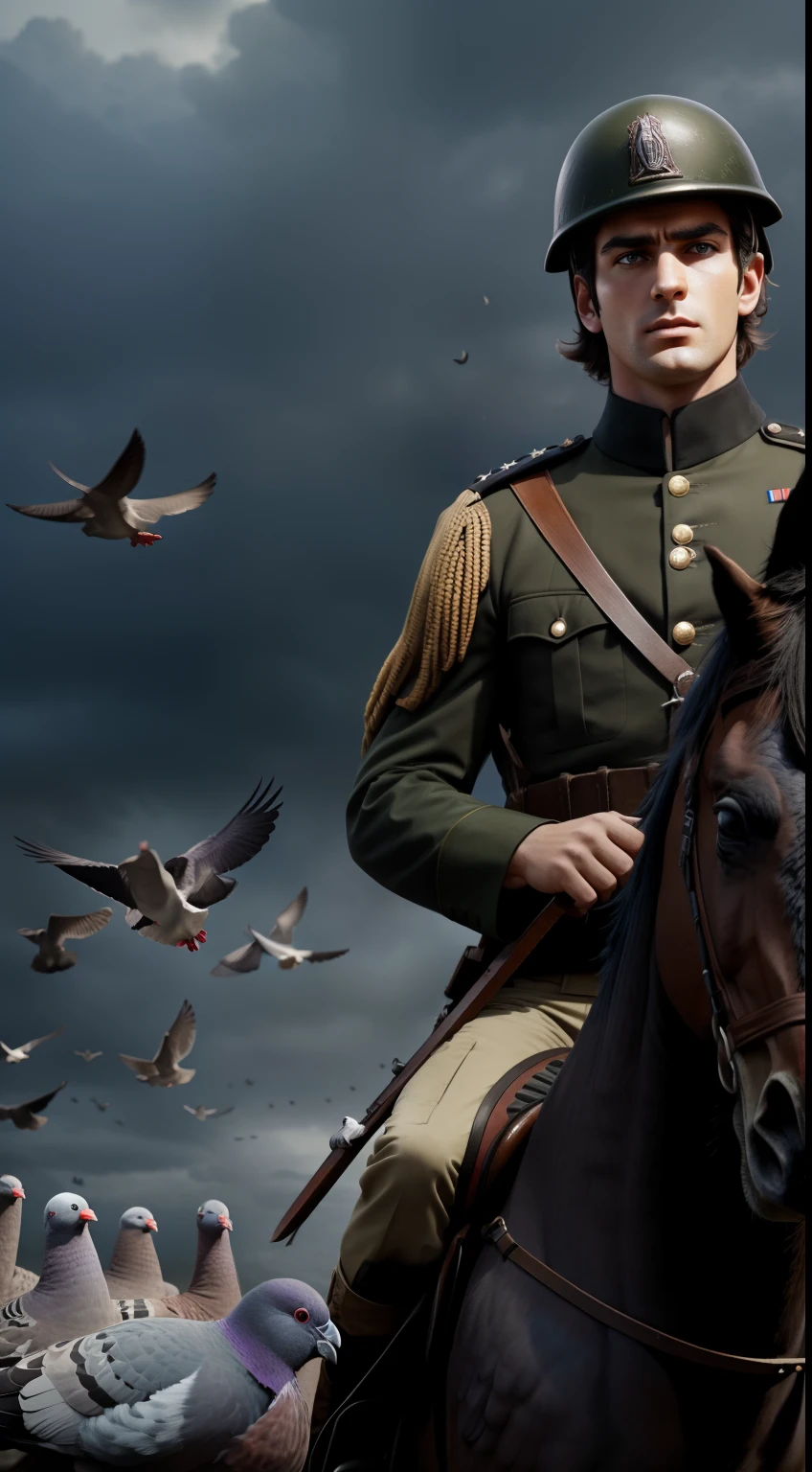 autrians army holding pigeons, epic, dark background, realistic, 8k