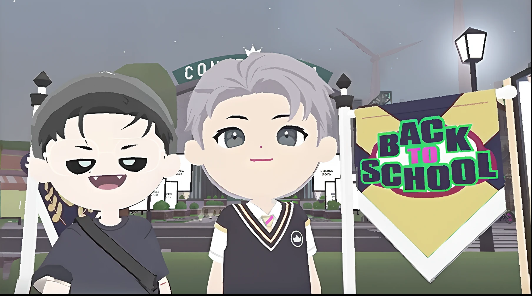 anime characters standing in front of a sign with a banner, videogame screenshot, inspired gacha club game, highschool background, pc screenshot, videogame still, park in background, official screenshot, official artwork, style of maple story, medium shot of two characters, random background scene, ingame image, in - game, in-game, mall background, boyish face