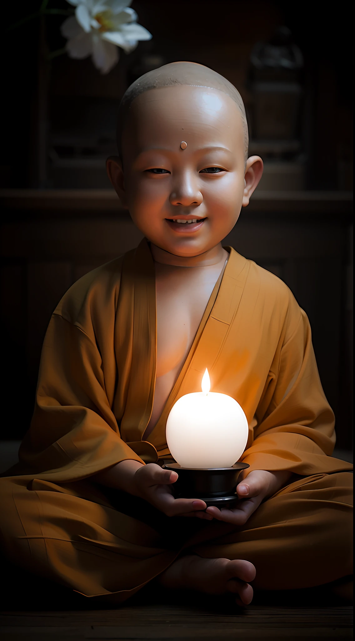 Alafid child in a monk's robe，holding a lighted candle in her hand, holding a lantern, buddhist monk, holding a candle, Buddhist, a serene smile, ancient japanese monk, 2 1 st century monk, portrait shooting, kiddy big breasts, portrait of monk, monk, Serene expression, monk meditation, Glowing light, holding a candle holder, enlightening, On the road to enlightenment