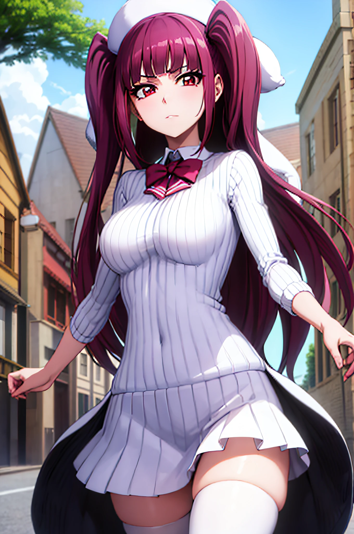 "Riruka, with vibrant eyes, standing in a peaceful town street, showcasing a moderate bust and soft rosy cheeks, wearing an red cardigan  and white stockings, with a demure expression and stylish twin tails."