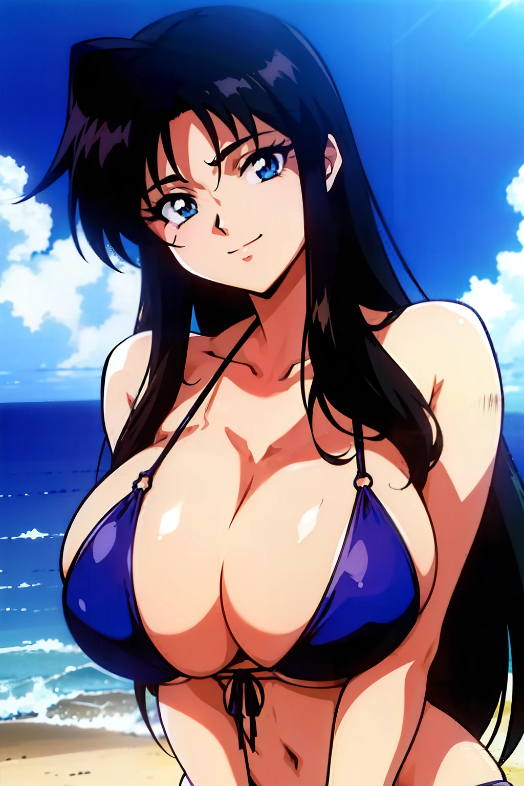 1990s anime style, Cartoon style of the 1990s, In the style of Nobuteru Yuki, black hair, Long hair, hair between eye, Inspired by Shirou Masamune, (cleavage, gigantic breasts, hanging breasts:1.4), micro bikini, beach, retro anime, sharp, Defined lines, Detailed, makeup, Beautiful face, gorgeous eyes, Smile, Closed mouth