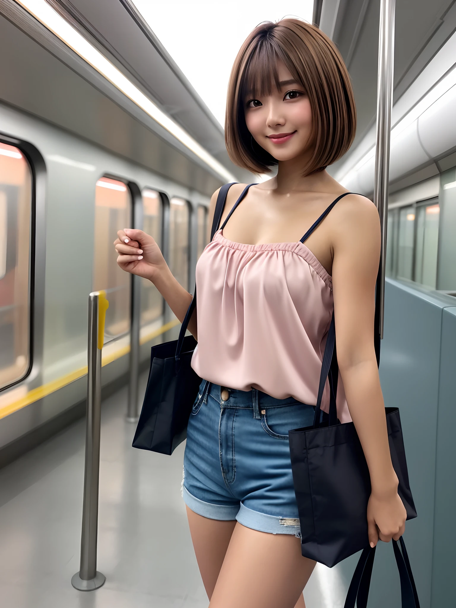 product quality, 1 girl, a cowboy shot, front view, a Japanese young pretty girl, bob hair, carrying a tote bag over her shoulder, glamorous figure, wearing a satin pink camisole, wearing short pants, standing on a train holding a strap with a big smile, hyper cute face, glossy lips, double eyelids for both eyes, natural makeup, shiny smooth light brown bob hair, asymmetrical bangs, tanned skin, central image, high resolution, high detailing, detailed hairstyle, detailed face, cinematic lighting, octane rendering, vibrant, hyper realisitic, perfect limbs, perfect anatomy