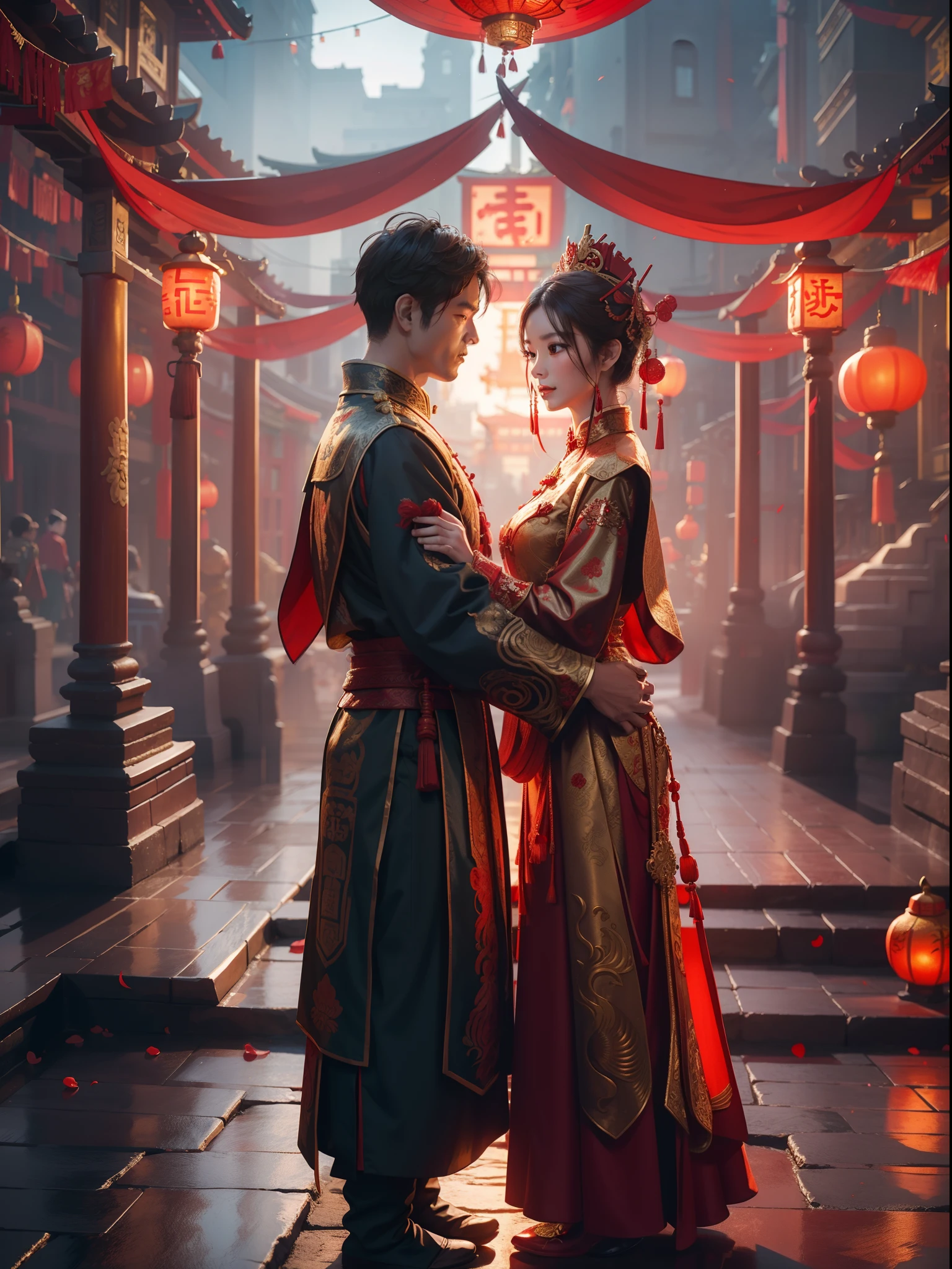1 man and 1 woman are married,Stand in front of a Chinese-style building, cowboy lens,(Tall:1.1),All dressed in ancient red,Hold hands with each other,Look at each other affectionately,A man dresses in ancient costumes in red and gold,A woman wears a red-gold ancient long dress,with a crown on her head, Clear facial features,Chinese courtyard in the background,Red lanterns,Rockery,depth of fields,Super clear,8K
