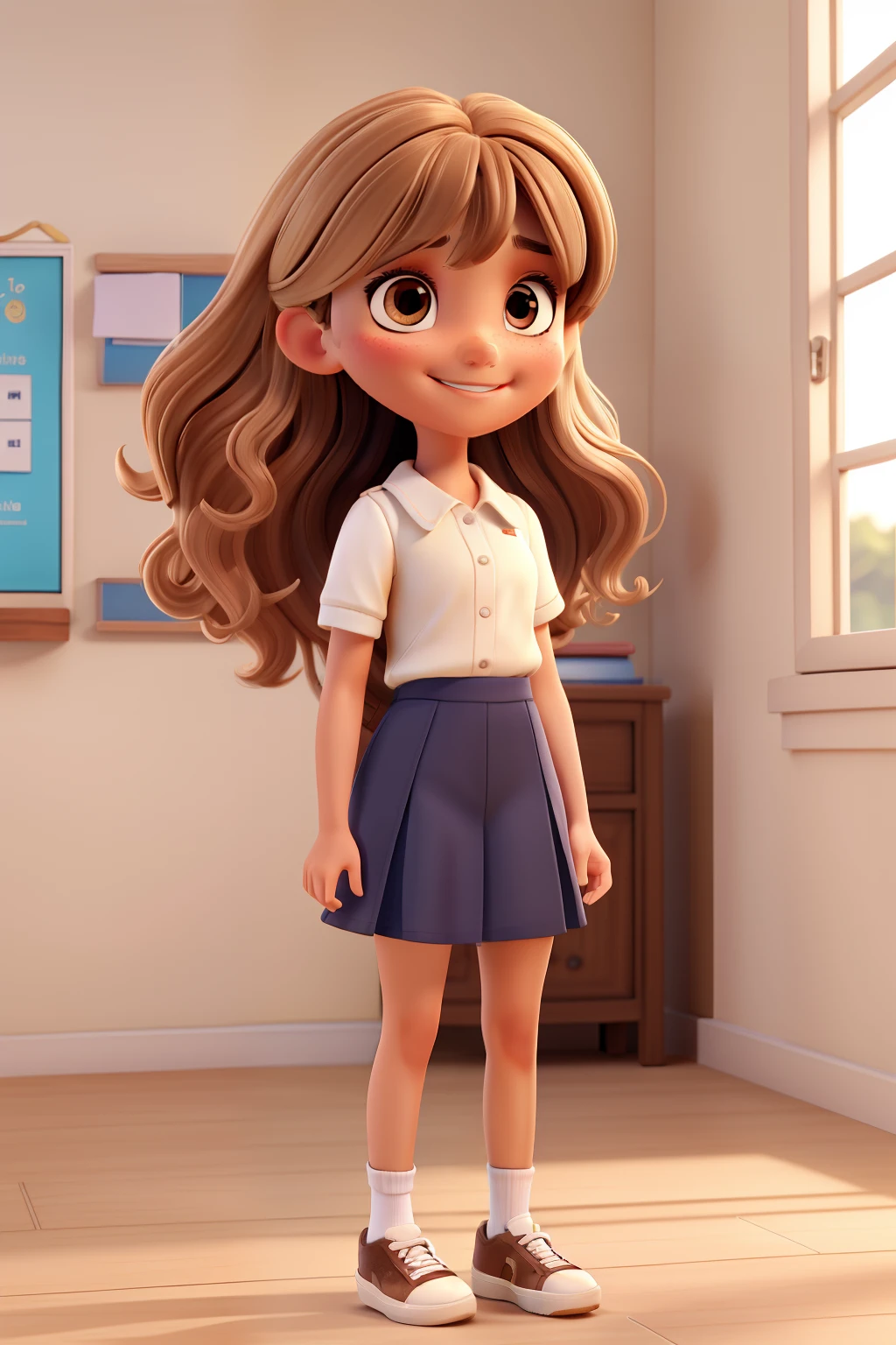 beautiful girl in full body, brown eyes, fair skin, light hair, short, petite, straight at the roots and wide curls at the ends with bangs, smiling face, school uniform, white blouse without details, wears sneakers, neutral environment, sunlight , very high quality, high details, 8k, 64k.