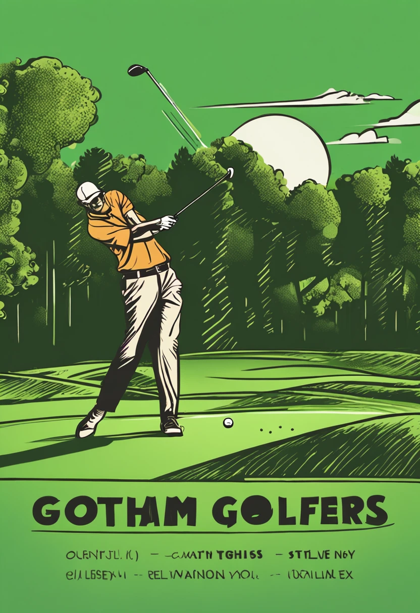 "(a golfer swinging a driver) 8k, high-resolution, sharp focus, vibrant green background, text "Gotham Golfers" in stylish font."