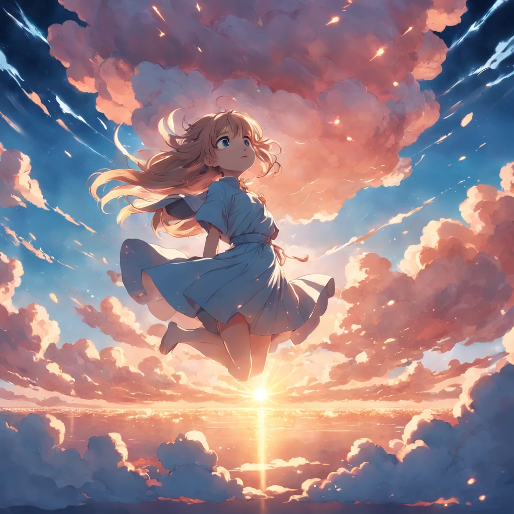 masterpiece, best quality, movie still, 1girl, cloud girl, floating in the sky, close-up, bright, happy, warm soft lighting, sunset, (sparks:0.7)