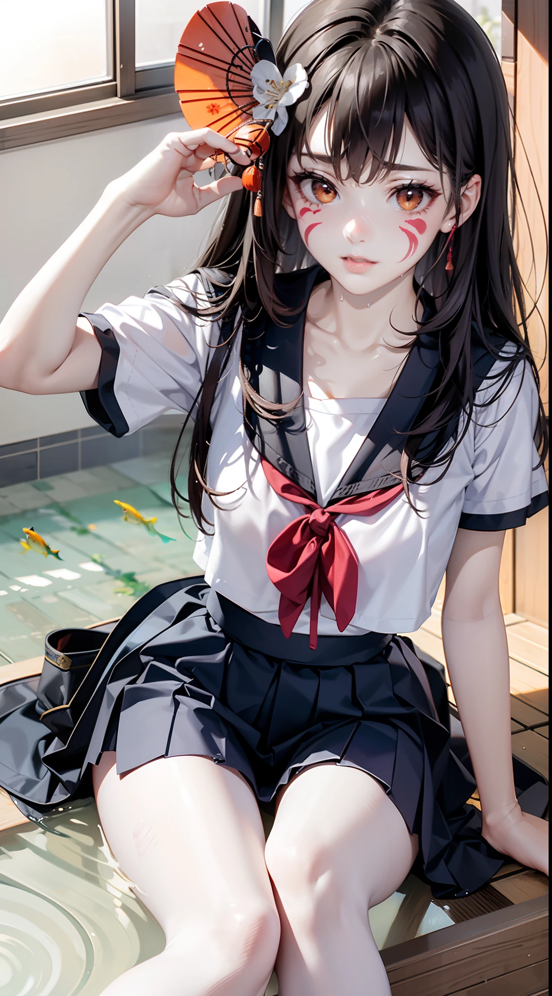 Japanese-style school uniform, Get wet, Pink low double tail, facepaint, Orange eyes, parted lip, foot out of frame, Close-up, fish eye, retinas, Textured skin, High details