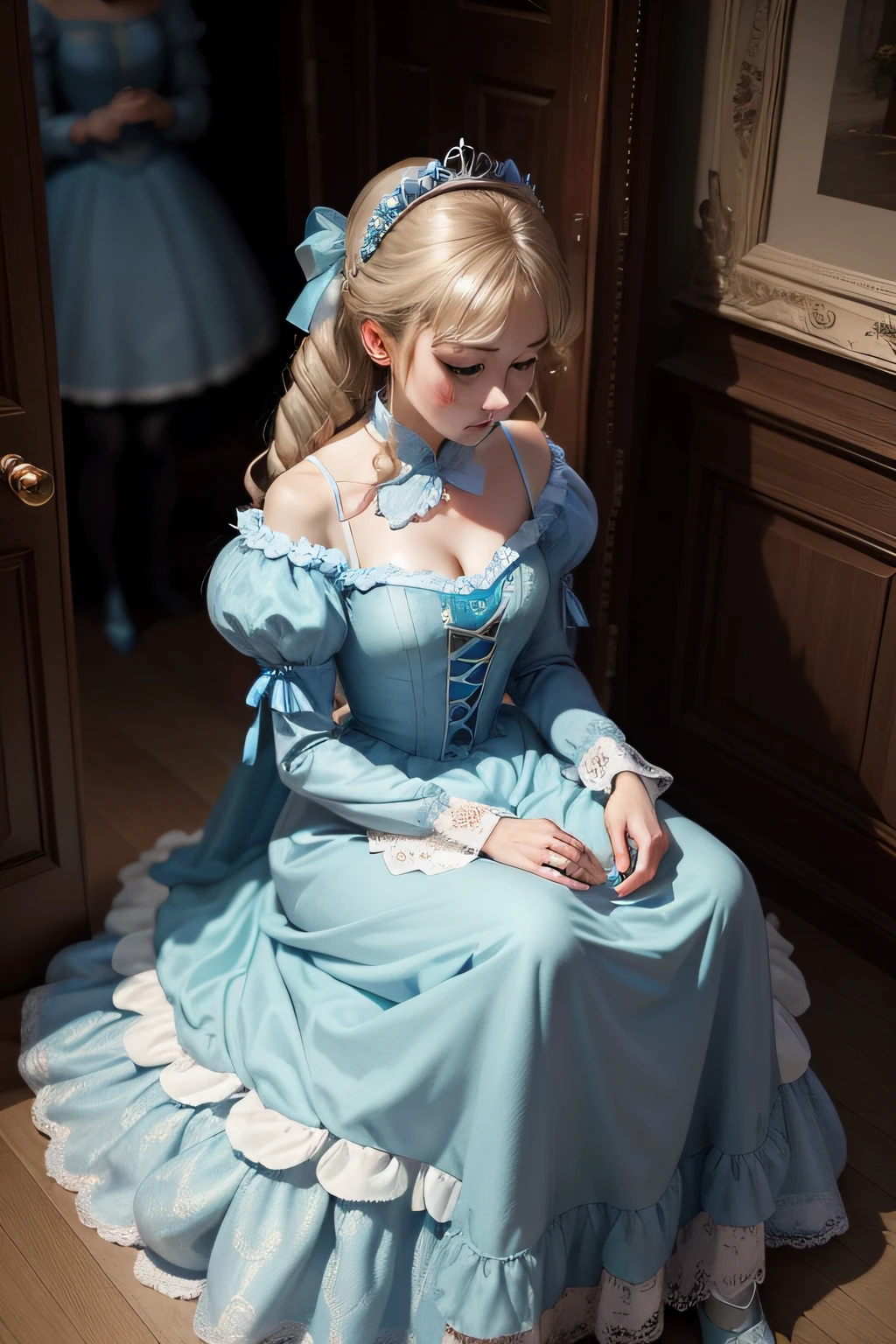 Cinderella sat in the corner of the room,Her eyes darkened,With a sad expression on his face。Her stepmother and two stepsisters were on the other side of the room,They are chatting happily,Cinderella, on the other hand, was excluded。The room was gorgeously decorated,But Cinderella's dress is plain,She wore an outdated outdated dress,It looks inconspicuous。The whole picture reveals an air of indifference and loneliness,It feels like Cinderella's situation is very difficult。