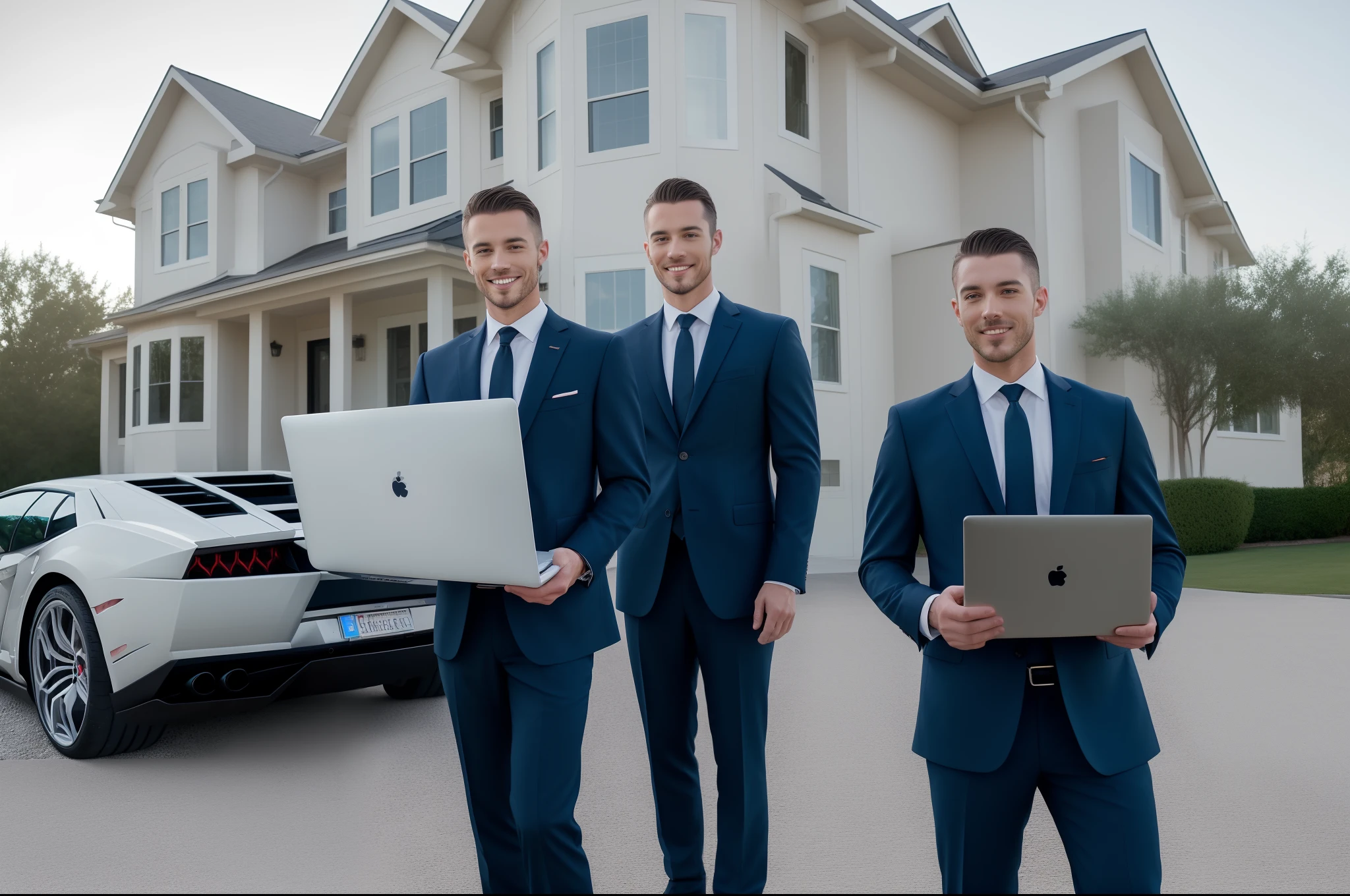A image containing a handsome man wears buisness suit standing outside of his big house carried laptop in his hands
With his Lamborghini