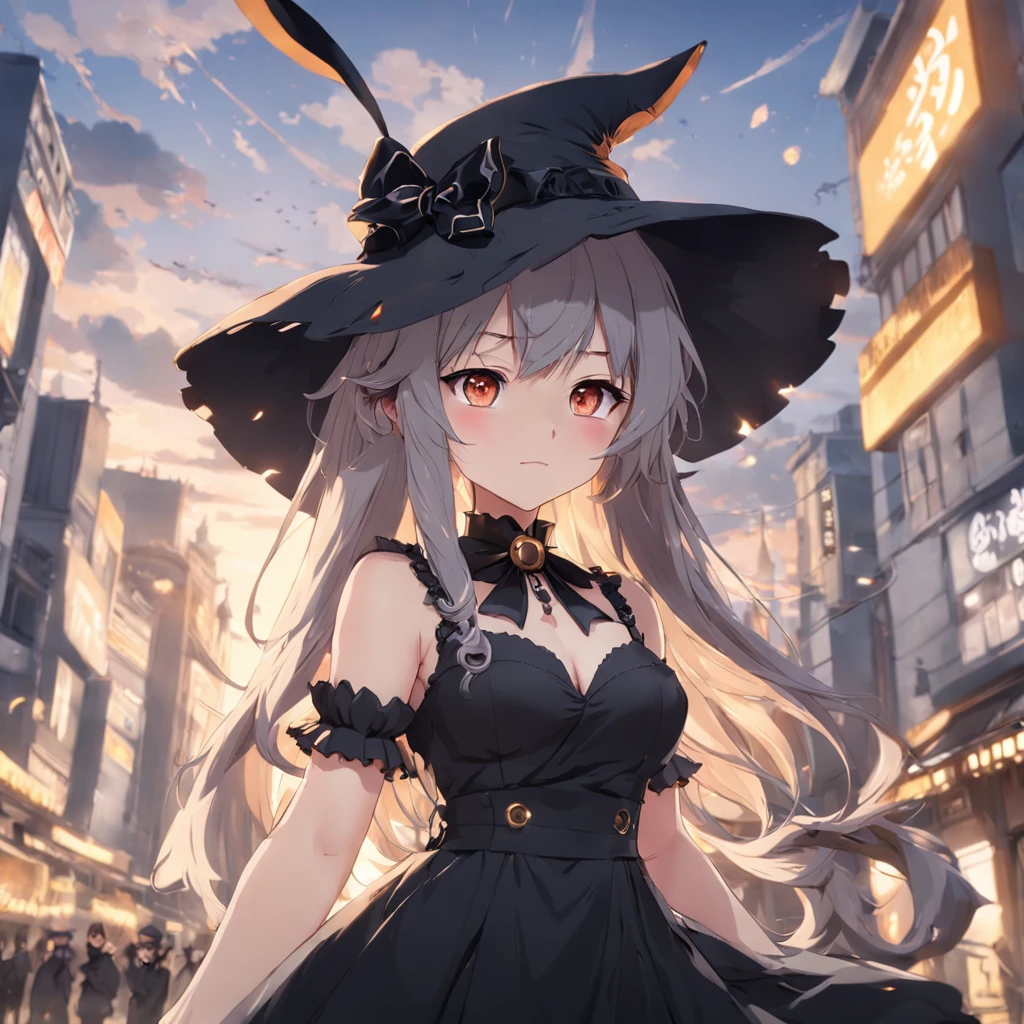 ​masterpiece、top-quality、Movie stills、1girl、Cloud Girl、floating in sky、a closeup、发光、happiness、Warm soft lighting、the setting sun、(Spark:0.7)　Woman in black dress and hat stands on street, anime girl wearing a black dress, Gothic Maiden anime girl, Anime visuals of cute girls, girls frontline style, mechanized witch girl, girls frontline cg, from girls frontline, Cute anime waifu in a nice dress, fashionable dark witch, Cyberpunk Anime Girl, high detailed official artwork, girls frontline universe