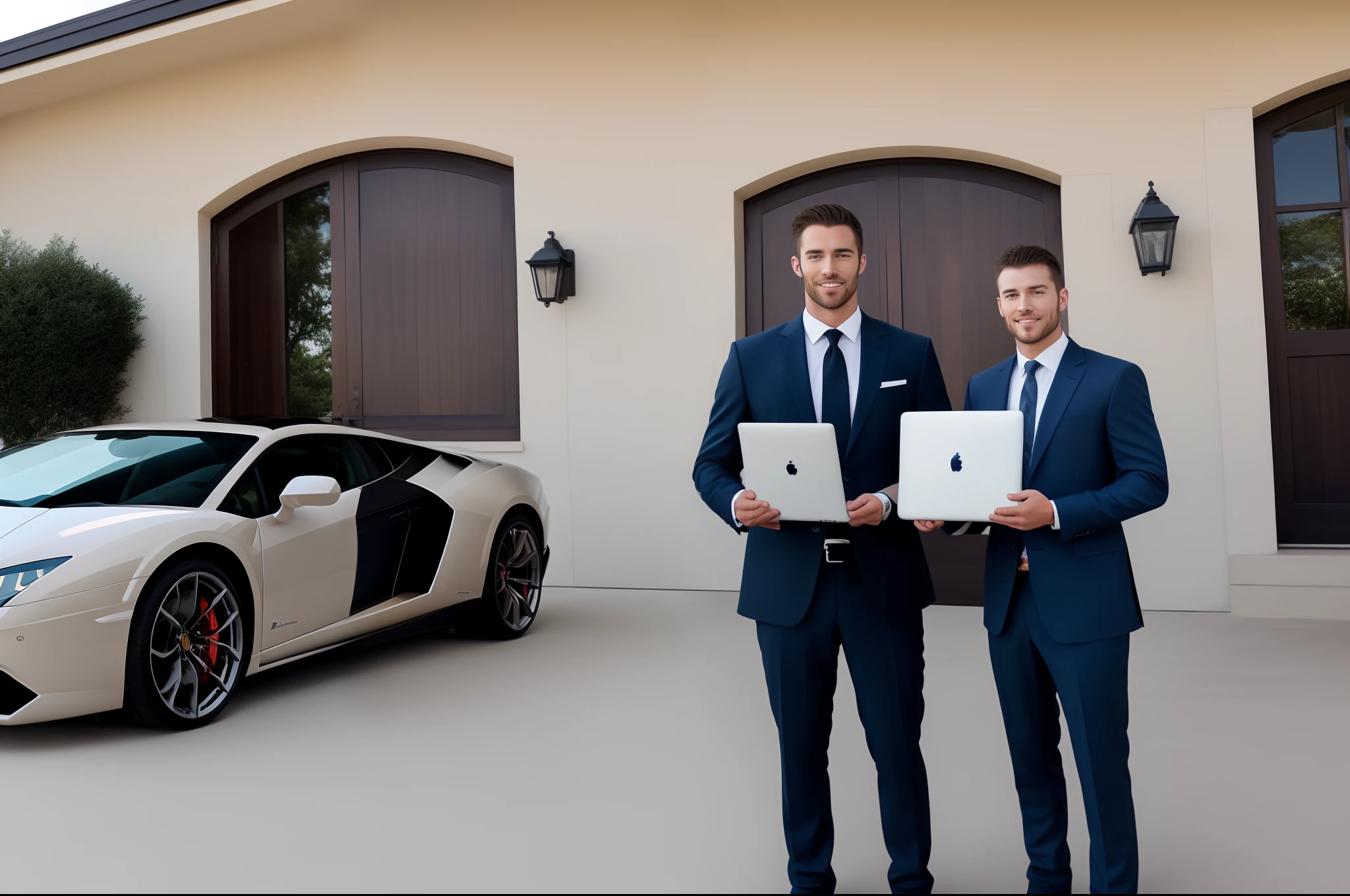 A image containing a handsome man wears buisness suit standing outside of his big house carried laptop in his hands
With his Lamborghini