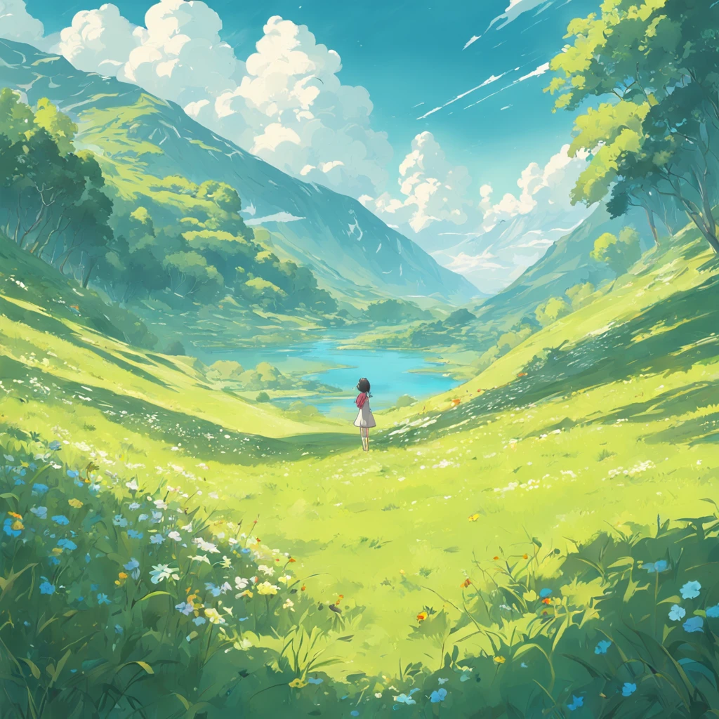 Endless green meadows,A lake with a clear reflection of the blue sky,Patches of bright and colorful flowers,The clouds in the sky are low, very white and soft,There is a chalet by the lake