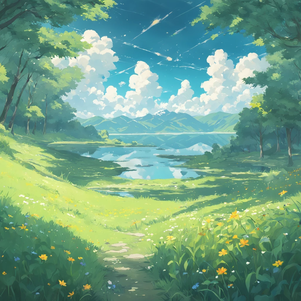 Endless green meadows,A lake with a clear reflection of the blue sky,Patches of bright and colorful flowers,The clouds in the sky are low, very white and soft,There is a chalet by the lake