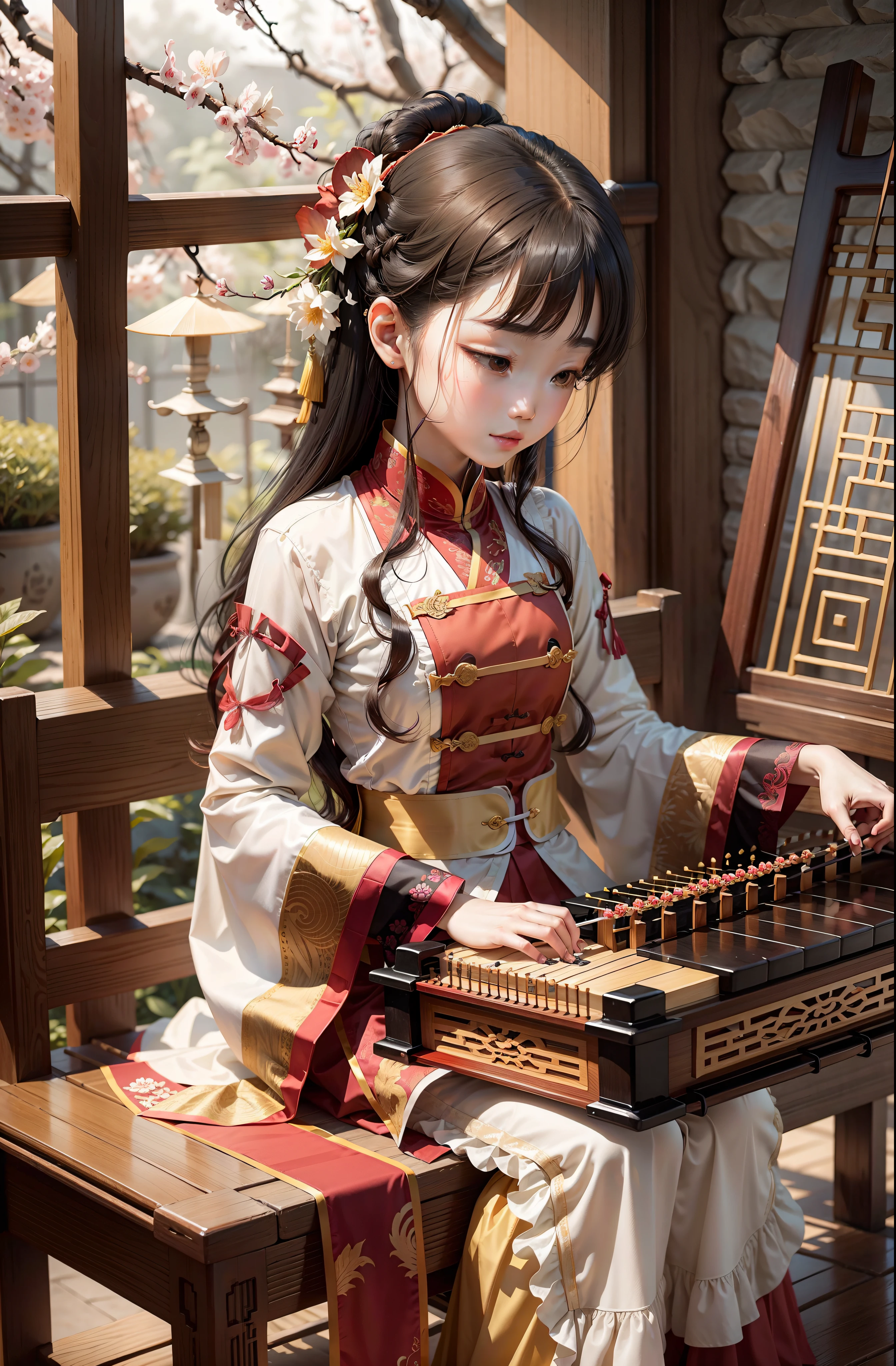 pale yellow long skirt,Open,Play the guzheng