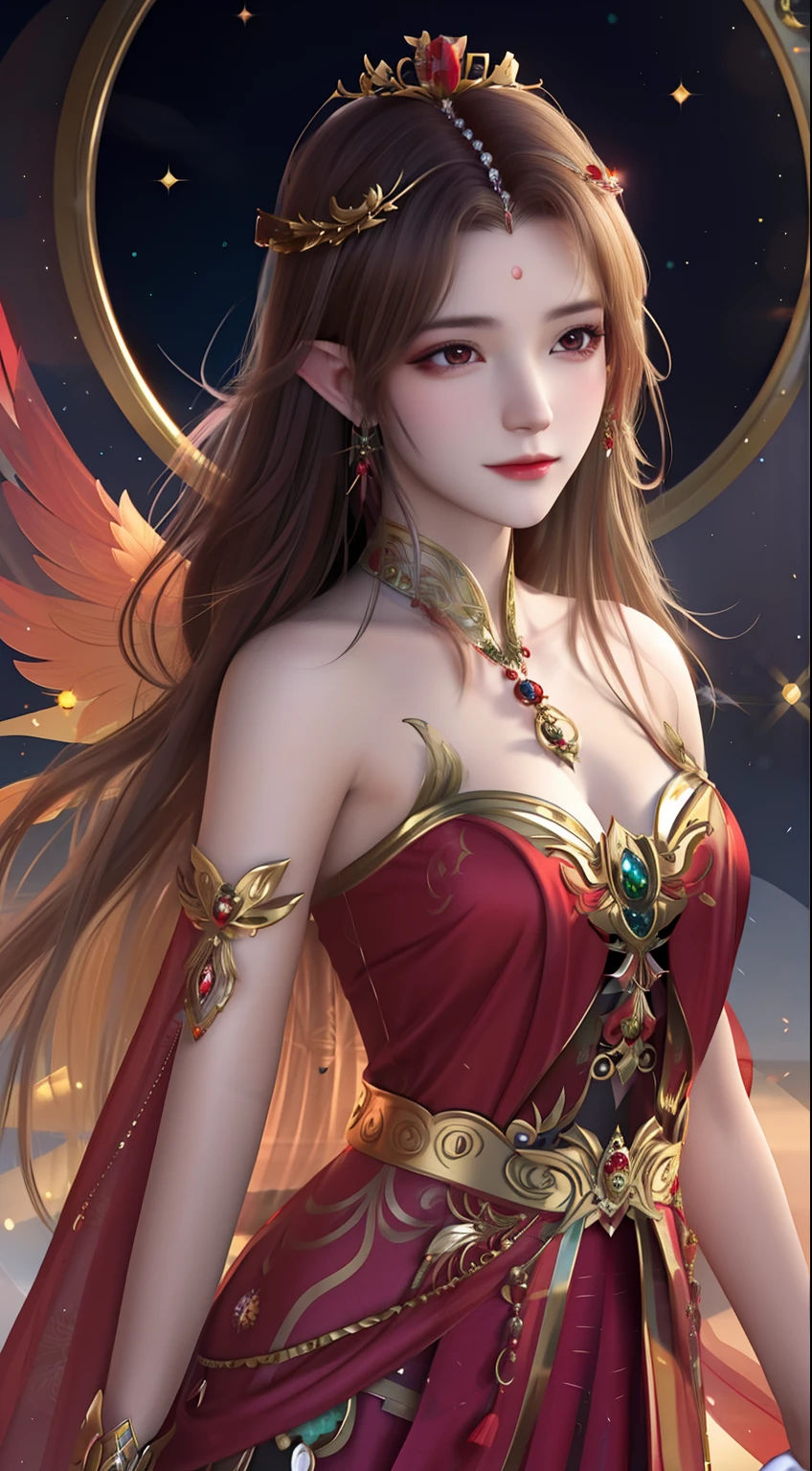 A woman in a red dress,Wearing a golden crown and wings, ((a beautiful fantasy empress)), a beautiful fantasy empress, Beautiful celestial mage, Fantasy art style, Anime goddess, gorgeous goddess of leo, Extremely detailed Artgerm, celestial goddess, beautiful and elegant elf queen, by Yang J, Beautiful character painting, Inspired by Lan Ying, Portrait Chevaliers du Zodiaque Fille
