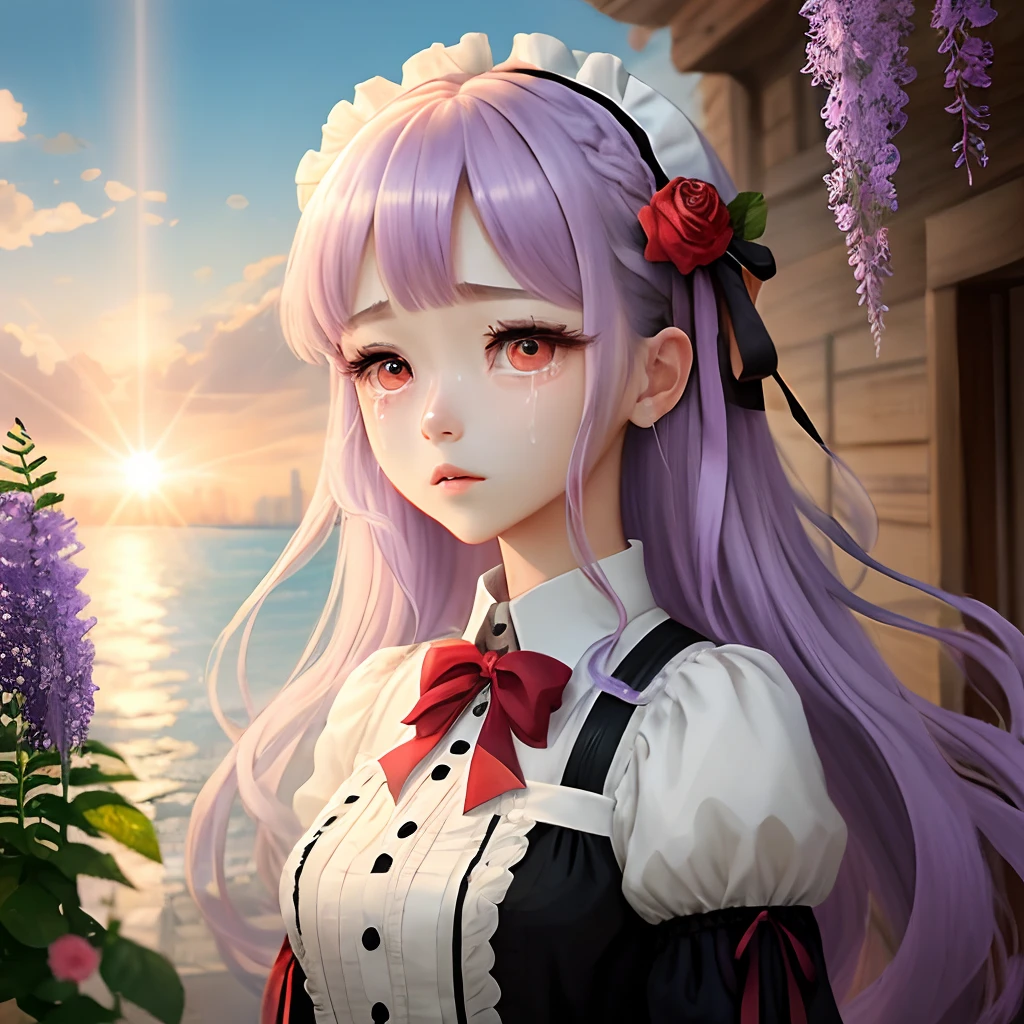 Anime style，Cry，M bangs，Kizi，Light purple hair, red eyes，Lolita gorgeous style，Wisteria rose，flower  sea，Skysky，rays of sunshine，baiyun