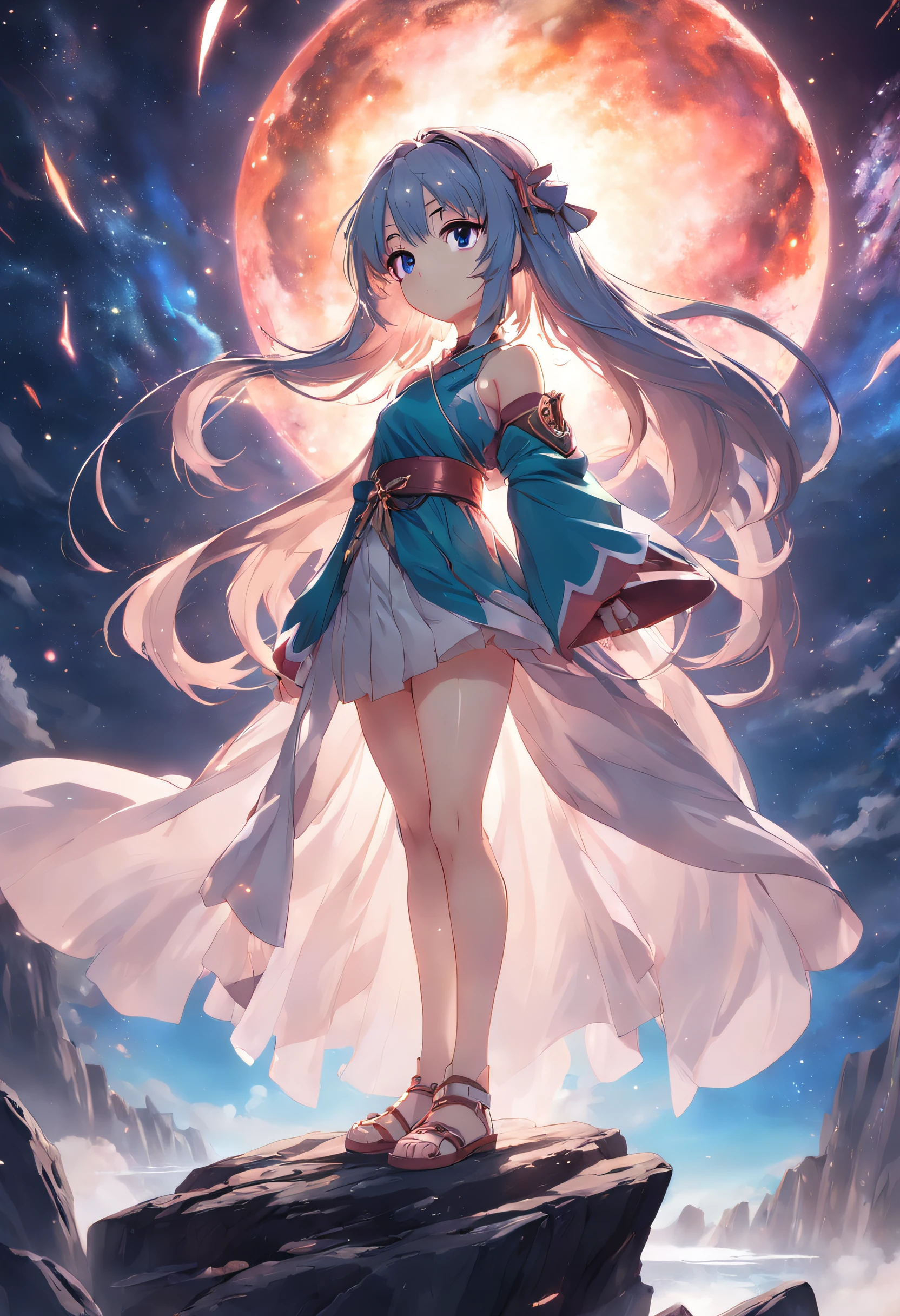 Anime girl standing on a rock against circular light background, anime style 4 k, Anime art wallpaper 8k, anime girl with cosmic hair, anime art wallpaper 4k, anime art wallpaper 4k, anime wallpaper 4 k, anime wallpaper 4k, ethereal anime, 4k anime wallpaper, anime moe art style, anime epic artwork, anime lighting、NSFW, (8K, Raw photography, top-quality, masterpiece:1.2), (realisitic, Photorealsitic:1.37), ultra-detailliert, 1 rapariga, 独奏, cute little, Beautiful detailed sky,nigh sky