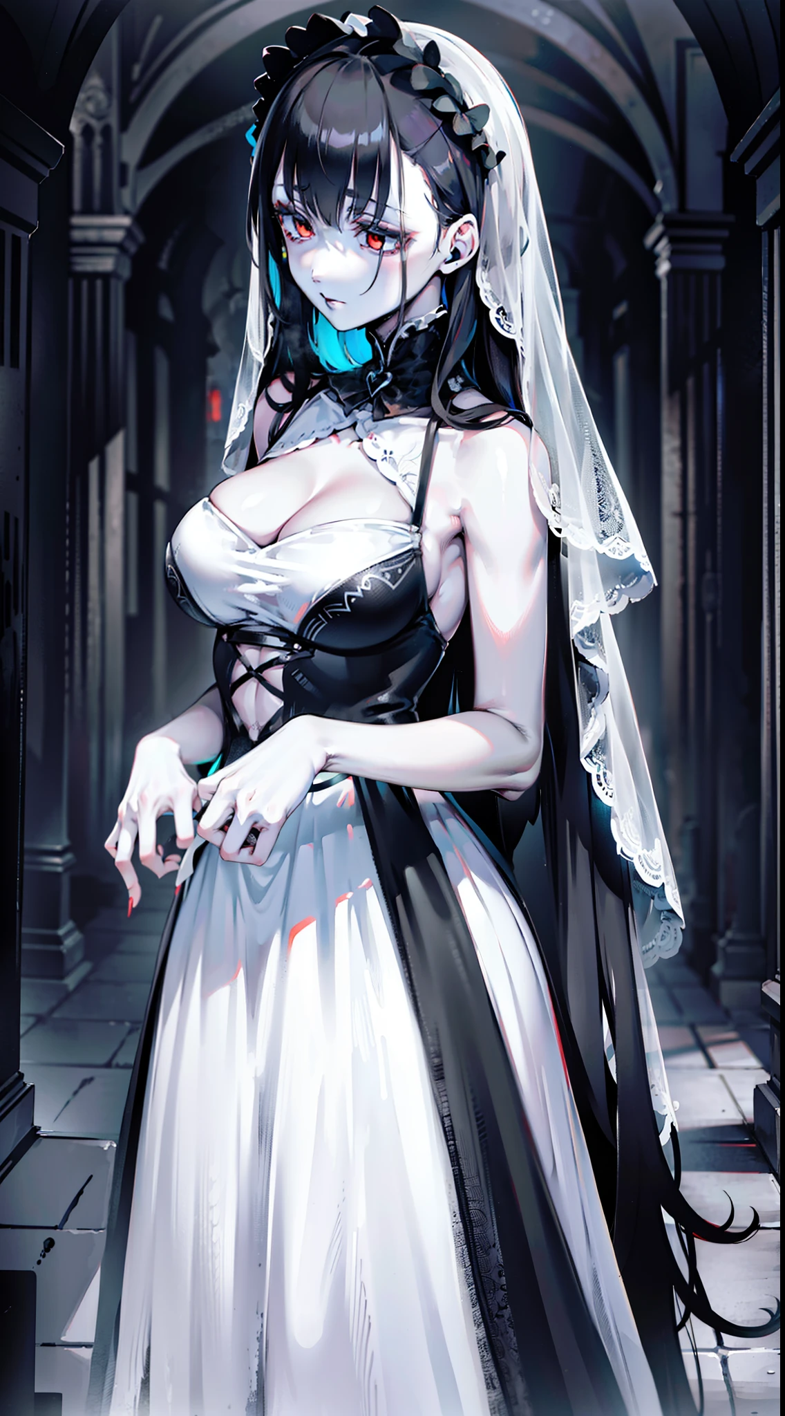 ugliness. Neo-Gothic. glomy. inkpunk minimalism. Tim Burton. Two corpse brides.Two zombies in white wedding dresses,Black wedding dress,white dresses,black color dress,Red eyes,Pale skin,Black color hair,In the dark,Dark environment,Plenty of tombstones,In the cemetery,White flowers,The body is covered with sutures