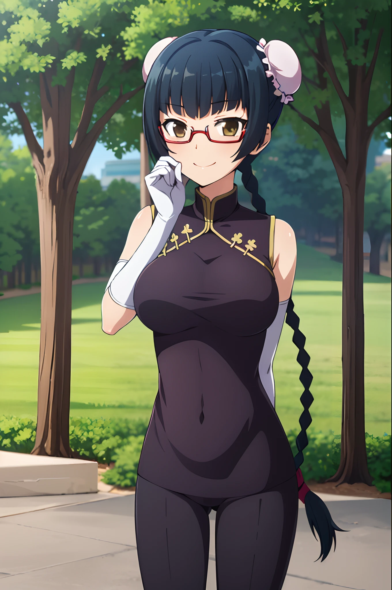 (masterpiece, best quality:1.2), cowboy shot, solo, 1girl, wang liu mei, smile, looking at viewer, hand on own face, twin braids, double bun, bun cover, china dress, (elbow gloves:1.1) (((glasses:0.9))), ((tsundere)), tall, beautiful, medium breast, ((round eyewear:0.9)), ((military pants:0.9)), ((polo shirt:0.9))