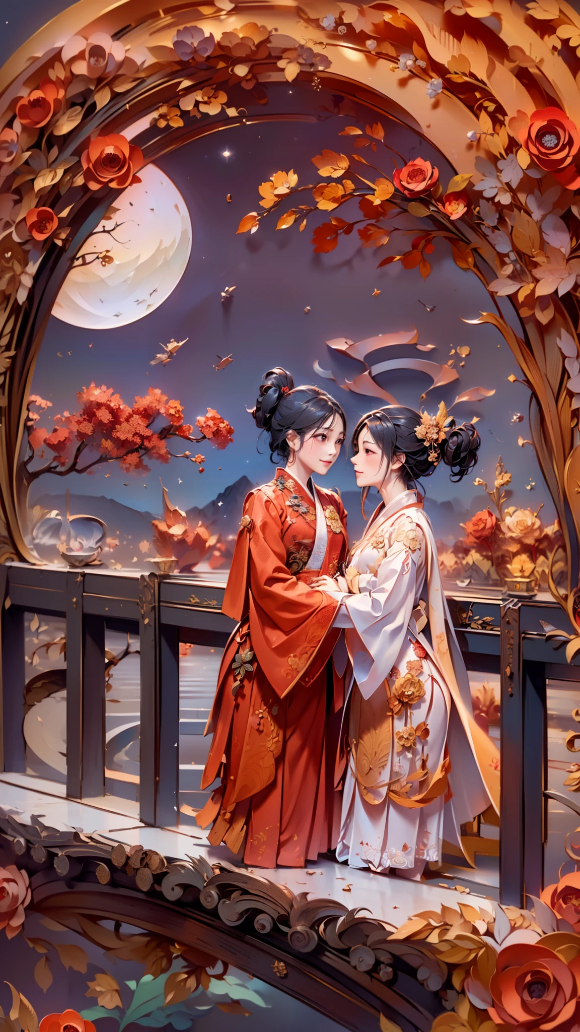 (A Hanfu Couple Hugging on a bridge:1.4, Smile),Red background,1 moon,rosette,(illustration:1.3,paper art:1.3, Quilted paper art:1.2),( reasonable design, Clear lines,best quality, Very detailed, masterpiece, movie lighting effects, 4K )