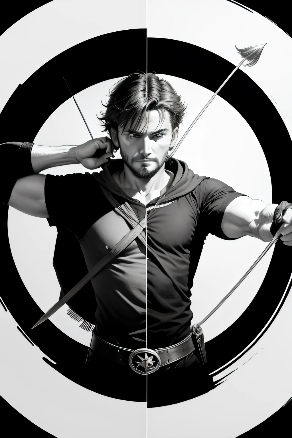 Robin Hood the archer,90 degrees sideways,drawing bow,black andwhite,round form