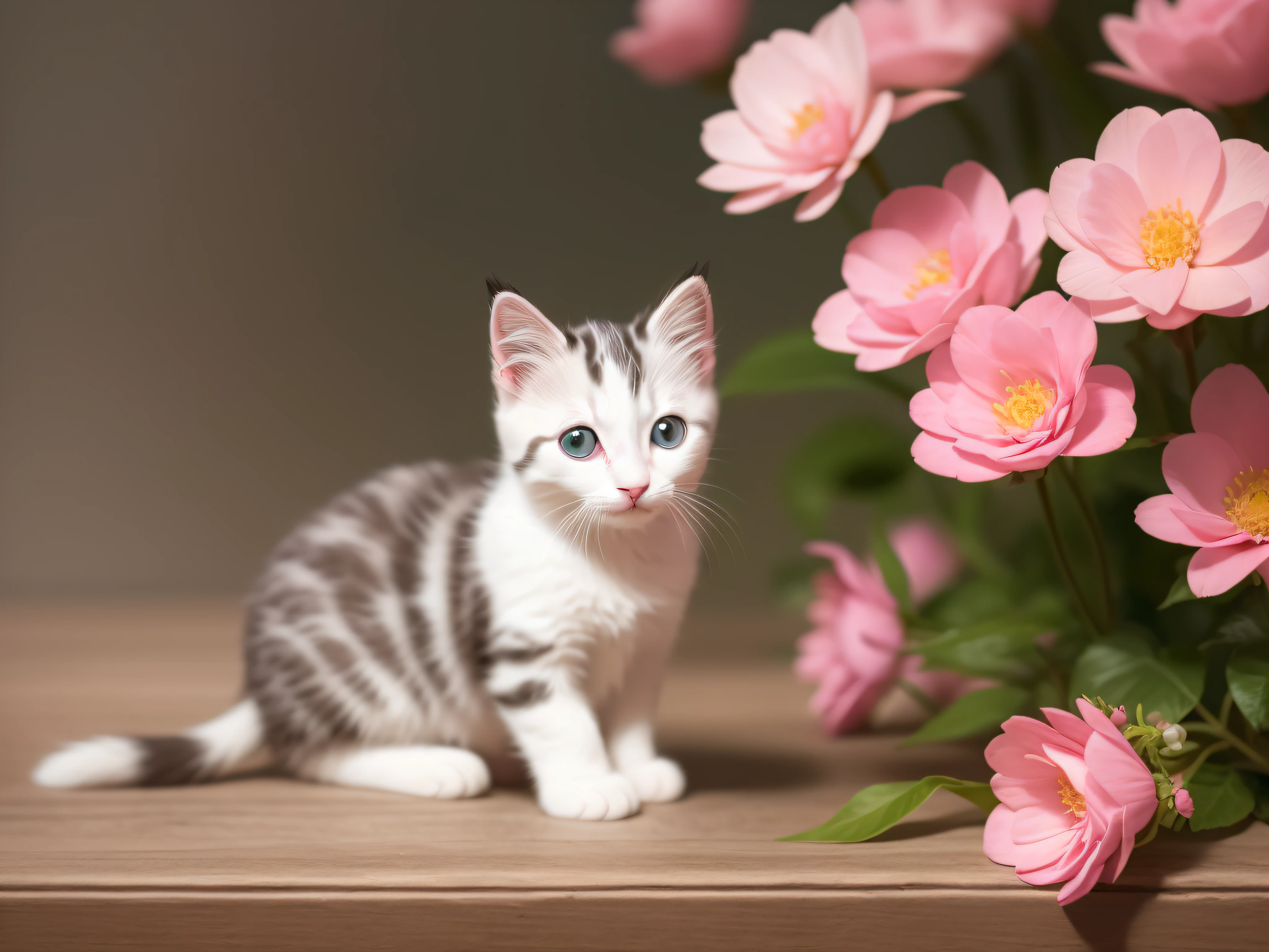 There is a white kitten sitting next to a pink flower, lovely digital painting, Cute detailed digital art, adorable digital art, cat. Digital painting, digital painting highly detailed, beautiful digital painting, Ultra-Realistic Illustrations, soft digital painting, Gorgeous digital painting, ultra-realistic picture, highly detailed digital painting, Detailed digital painting, Cute cat, Realistic illustration, stunning digital painting