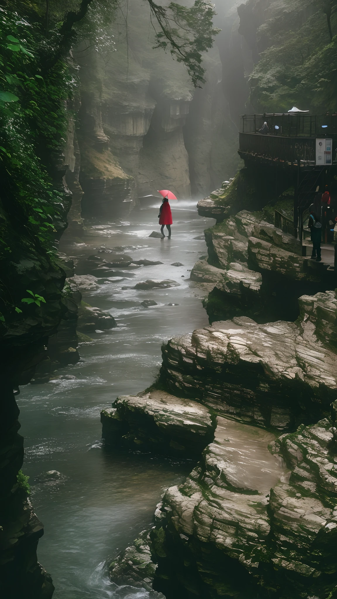 Mysterious canyon in the stream，Girl walking in the canyon，In a waterfall cave in an alpine valley，Zhangjiajie National Forest Park surrounded by clouds and mist