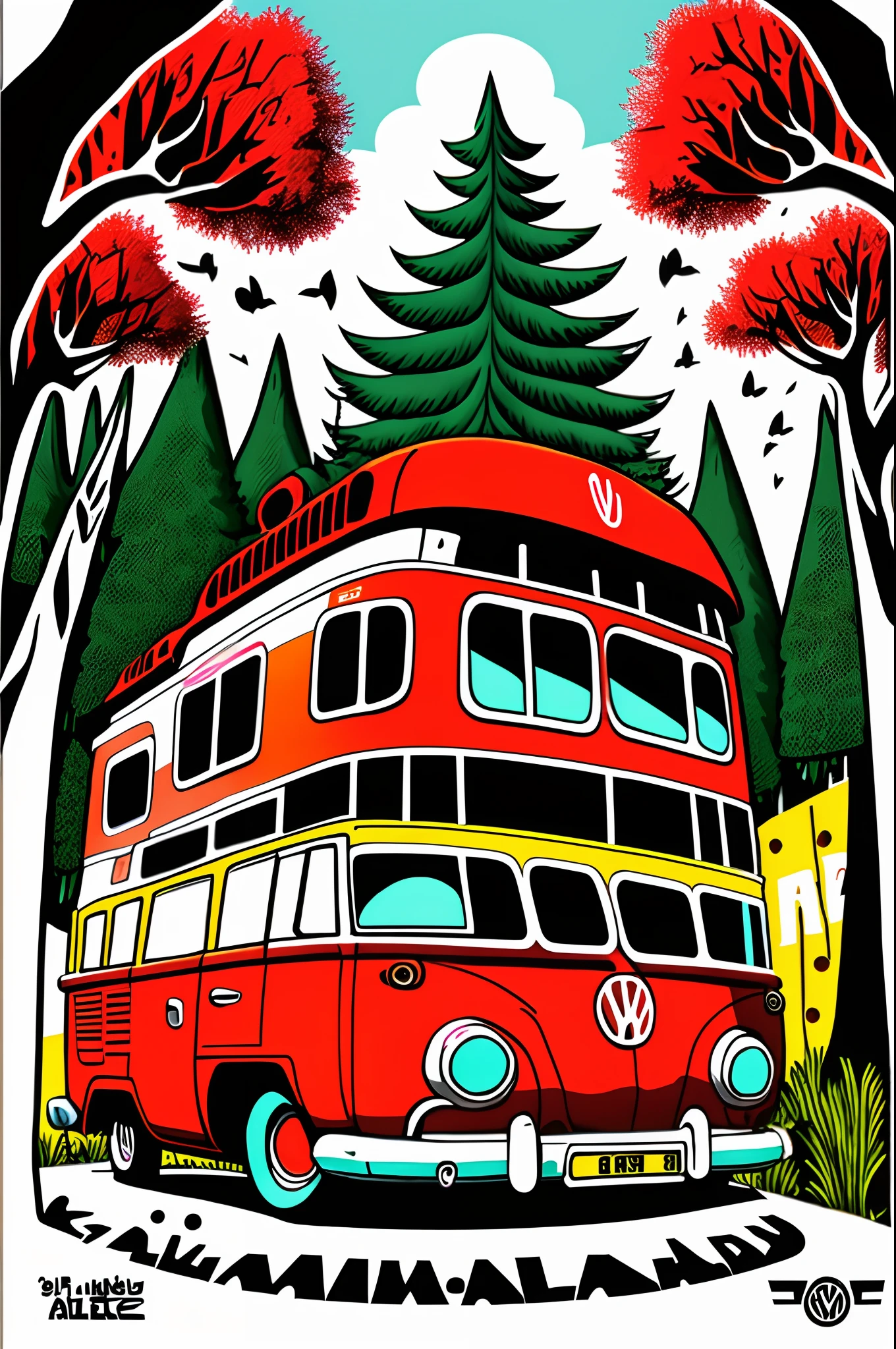 Vector t shoes art ready to print colorful graffiti illustration of a red Volkswagen Kombi, swiss alplands, tall  trees, summer,