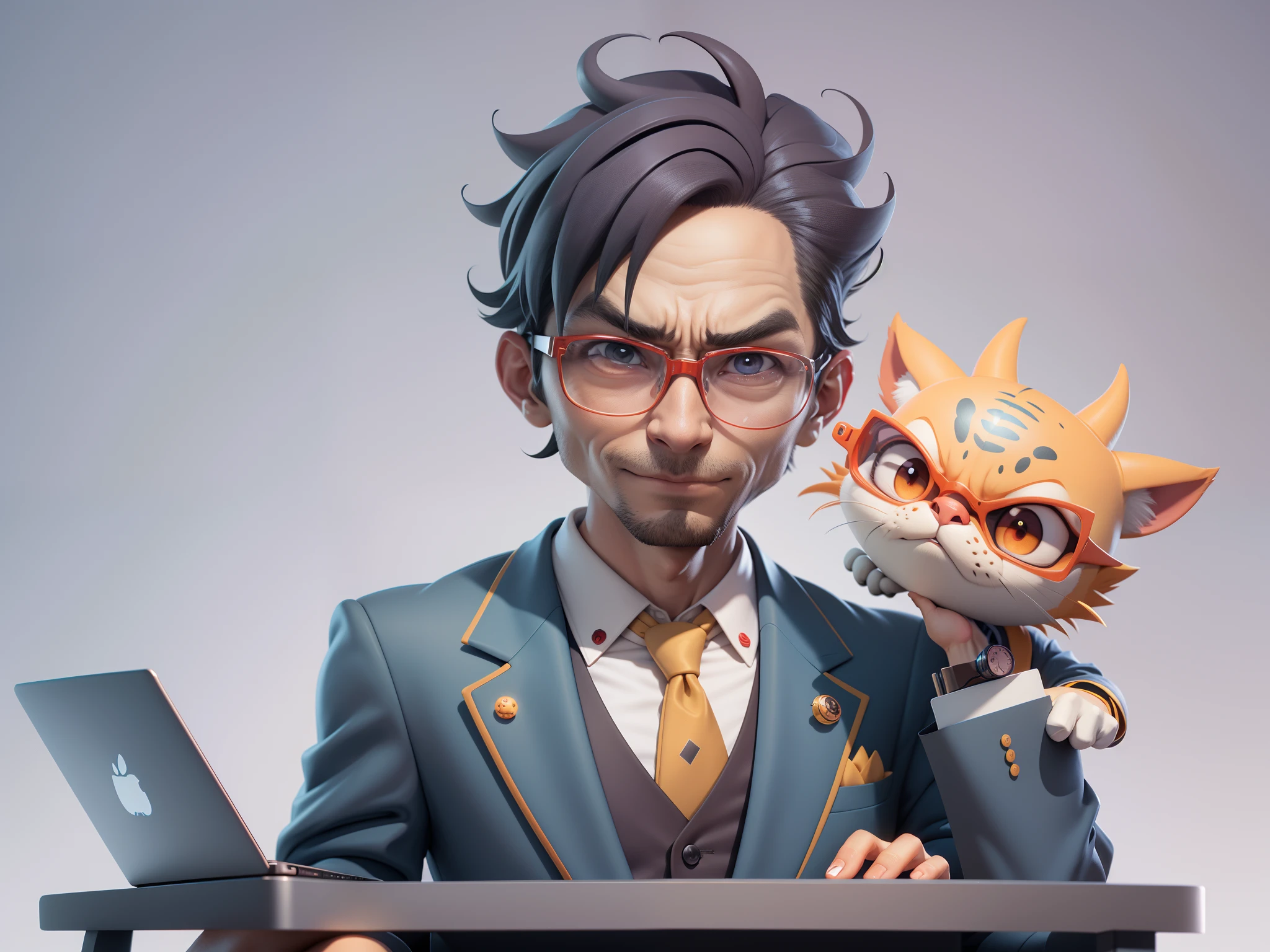 A young man in a suit, Short hair and glasses sat at his desk,holding laptop,digitial painting,tigre,3D character design by Mark Clairen and Pixar and Hayao Miyazaki and Akira Toriyama,4K HD illustration,Very detailed facial features and cartoon-style visuals。