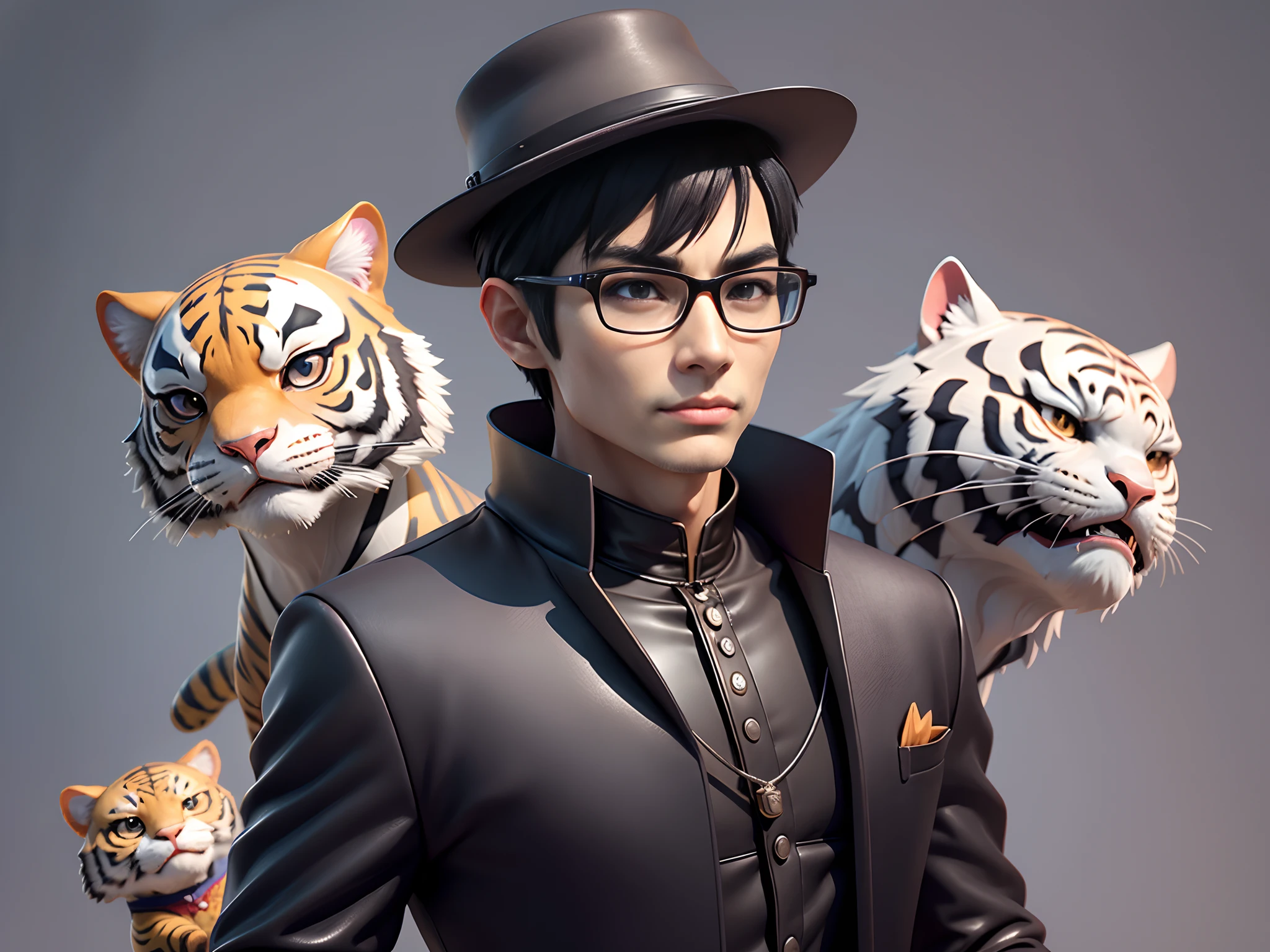 Young man with oriental face in leather hat, tiger, oriental face in formal suit, short black hair, silver glasses, digital painting, 3D character design by Mark Clairedon and Pixar and Hayao Miyazaki and Akira Toriyama, the illustration is a high-definition illustration in 4K resolution with very detailed facial features and cartoon-style visuals.