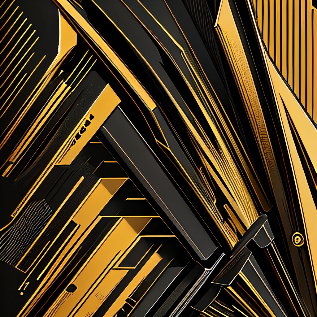 Close up of gold and black poster on black background,Render mechanical lines,Cool,Vector graphic design,(asymmetrical),