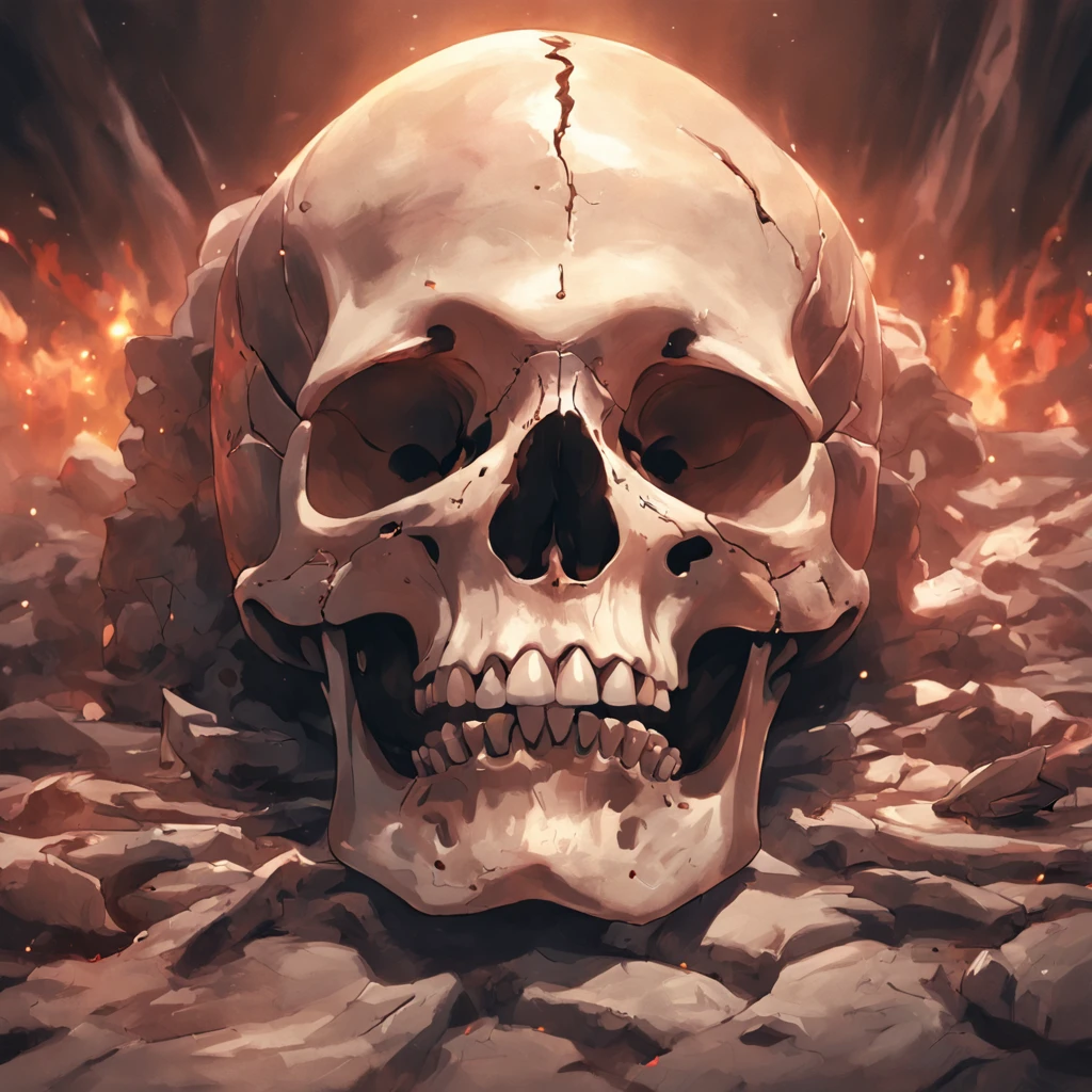 Realistic photography human skull, realistic, rotten, old, on a bed of bones in a castle dungeon