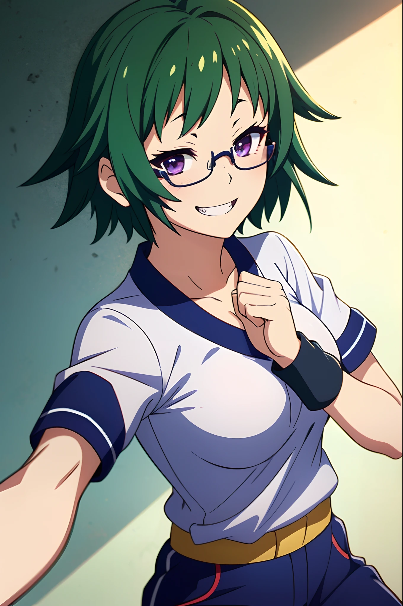 Nekomi Nabeshima, 1girl, solo, martial arts belt, karate gi, short hair, purple eyes, smile, green hair, grin, looking at viewer, sidelocks, short hair with long locks, ;p, wristband, medium breasts ((Extremely Detailed)), ((Best Quality)), ((Masterpiece)), ((4k)), (((glasses:0.9))), ((tsundere)), tall, beautiful, medium breast, ((round eyewear:0.9)), ((military pants:0.9)), ((polo shirt:0.9))