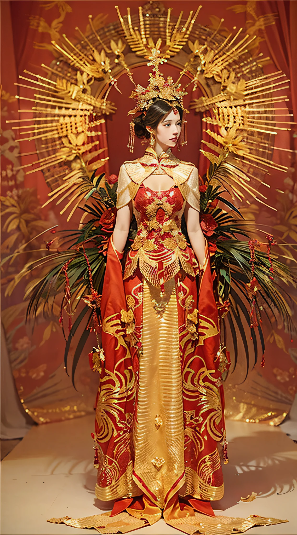 A woman in a red and gold dress，Phoenix crown。