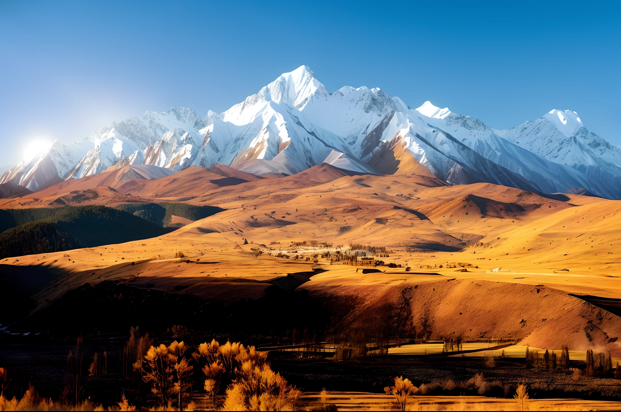 There is snow in the mountains，There are several trees in the foreground, Snow-capped mountains, Beautiful mountains behind, Autumn Mountains, Beautiful mountains, Picturesque mountainous terrain, Beautiful mountain backdrop, Film Silk Road Landscape, Wallpapers - 1 0 2 4, Solar Lighting High Mountains, High hills, Mongolia, Majestic snow-capped mountains, Himalayas, beautiful high resolution, Snow-capped peaks