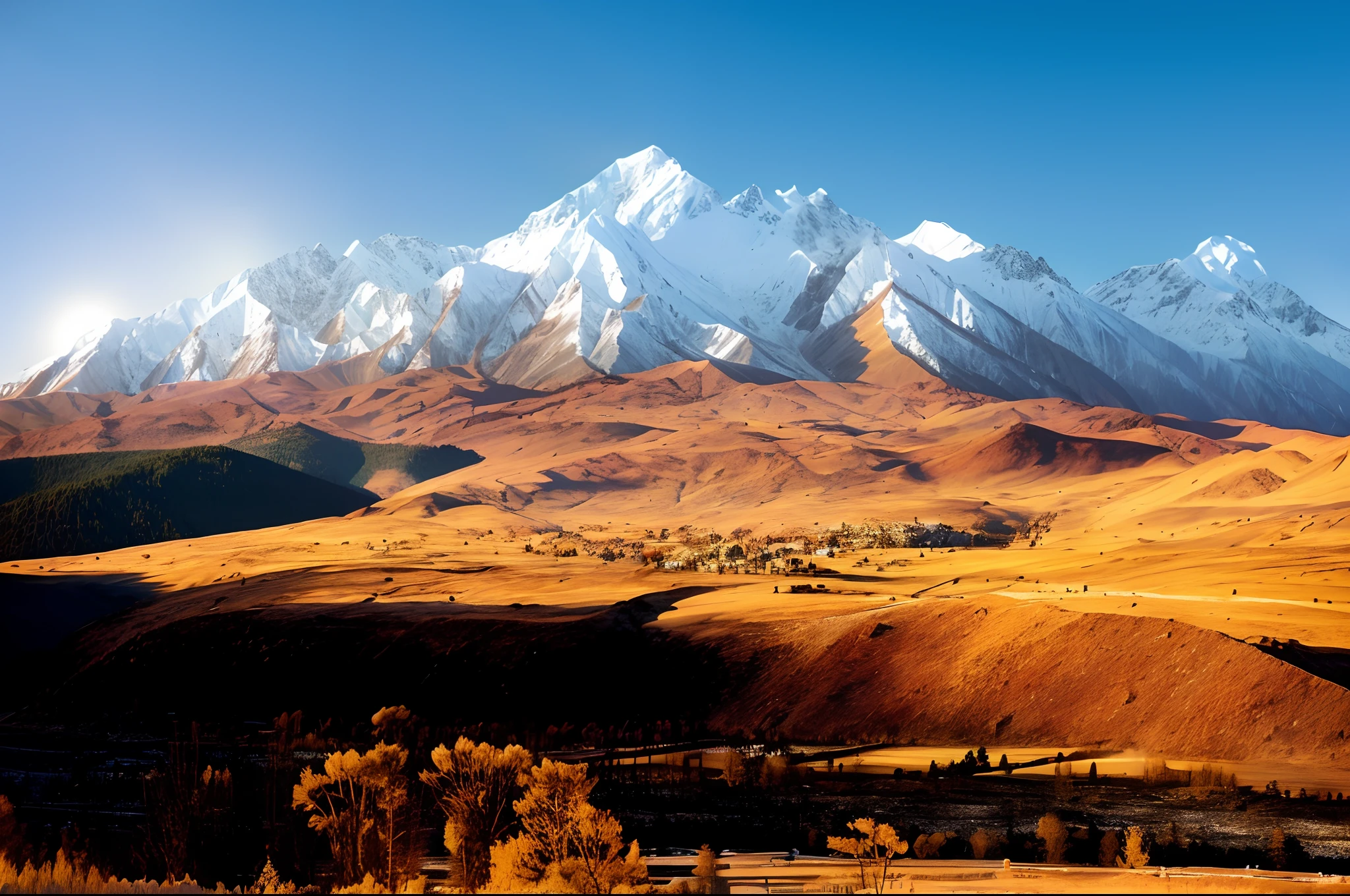 There is snow in the mountains,There are several trees in the foreground, Snow-capped mountains, Beautiful mountains behind, Autumn Mountains, Beautiful mountains, Picturesque mountainous terrain, Beautiful mountain backdrop, Film Silk Road Landscape, Wallpapers - 1 0 2 4, Solar Lighting High Mountains, High hills, Mongolia, Majestic snow-capped mountains, Himalayas, beautiful high resolution, Snow-capped peaks