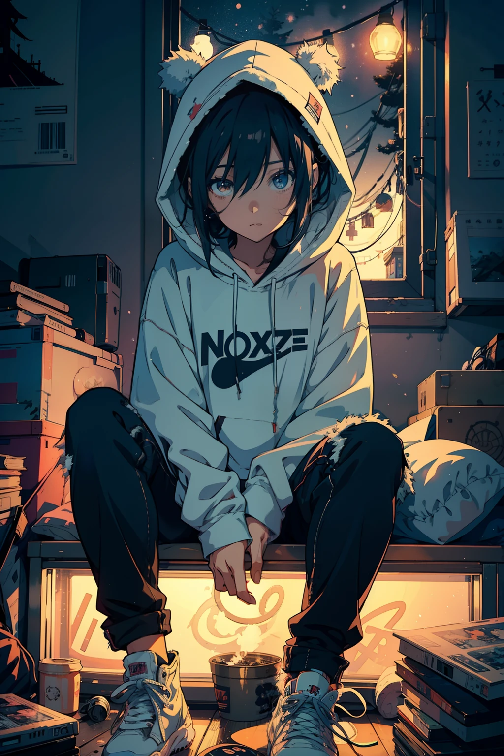 An anime girl wearing a hoodie, full jeans, messy hair, chilling in her room, winter night, (2d illustration:1.2), visual clutter, (1girl:1.3), ((chill vibes)), night