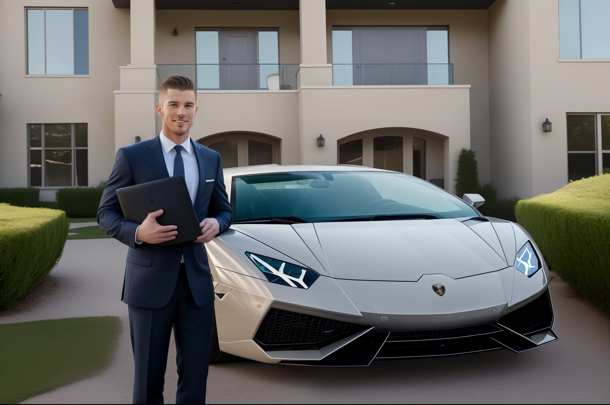 A image containing a handsome man wears buisness suit standing outside of his big house carried laptop in his hands
With his Lamborghini
