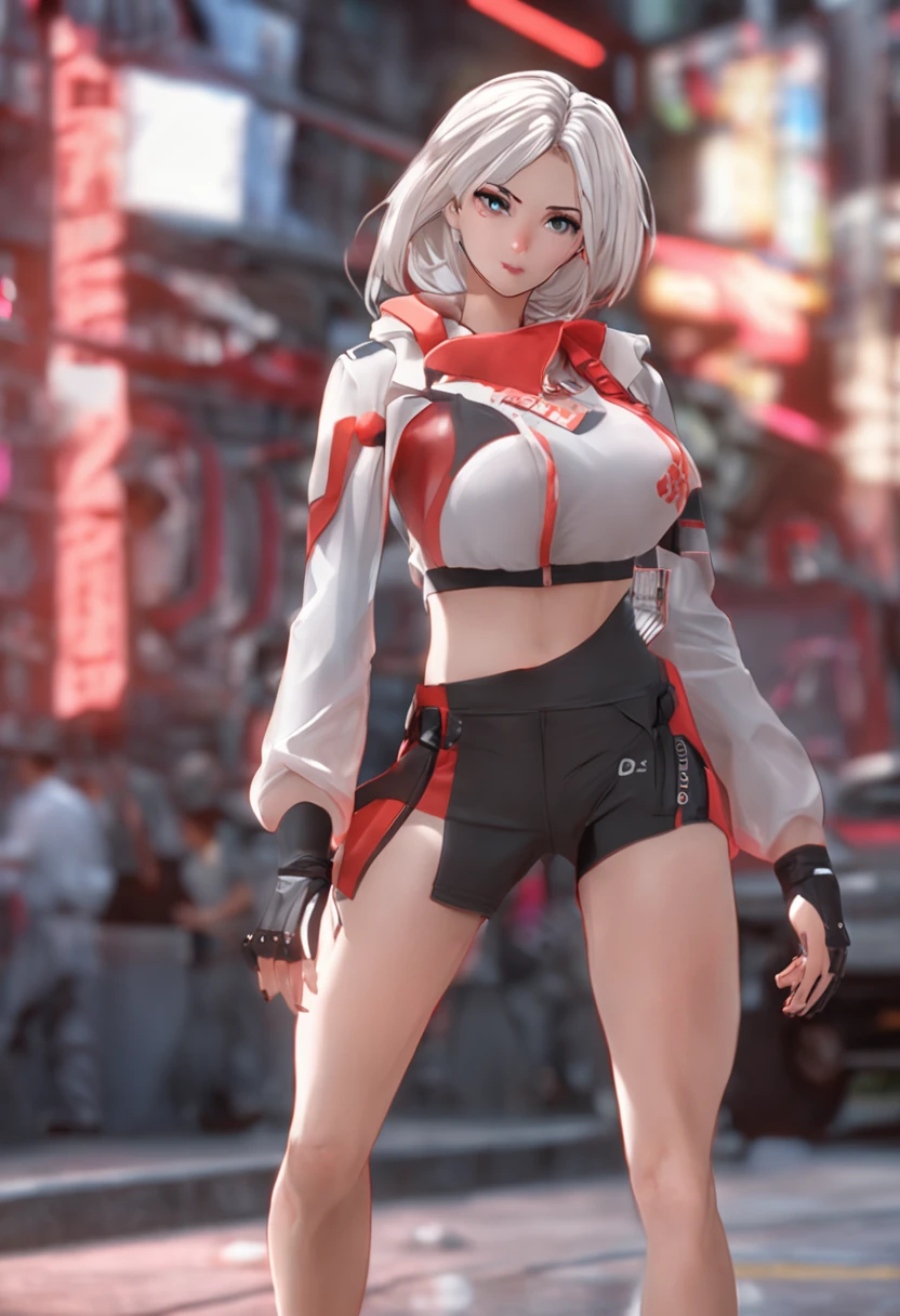 (best quality:1.2), (masterpiece:1.2), detailed, perfect face, anime, woman, white hair, small red horns, red eyes, wearing a red crop top and gym shorts (nsfw)