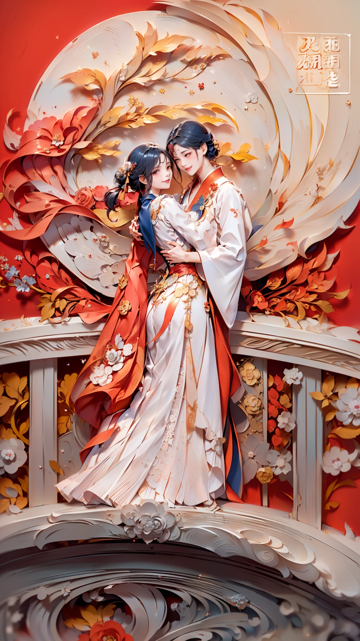 (A Hanfu Couple Hugging on a bridge:1.4, Smile),Red background,1 moon,rosette,(illustration:1.3,paper art:1.3, Quilted paper art:1.2),( reasonable design, Clear lines,best quality, Very detailed, masterpiece, movie lighting effects, 4K )