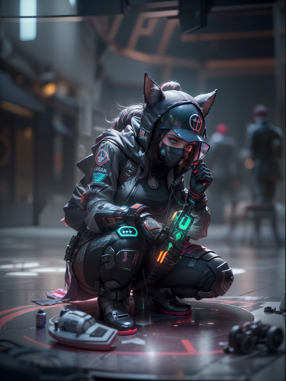 (Estilo de brinquedo da caixa cega:1.3),((tiro de corpo inteiro)),(Antropomorfismo),(1 lobo guerreiro forte,sozinho)(((sozinho))),opaque mask,Transparent plastic wick,brilho sonhador, Estilo cyberpunk,Fundo preto limpo,Estilo preto,(base circular)( global ilumination, ray tracing, HDR, unreal render,Reasonable design, High detail, master part, best quality, hiper HD, Cinematic lighting)
