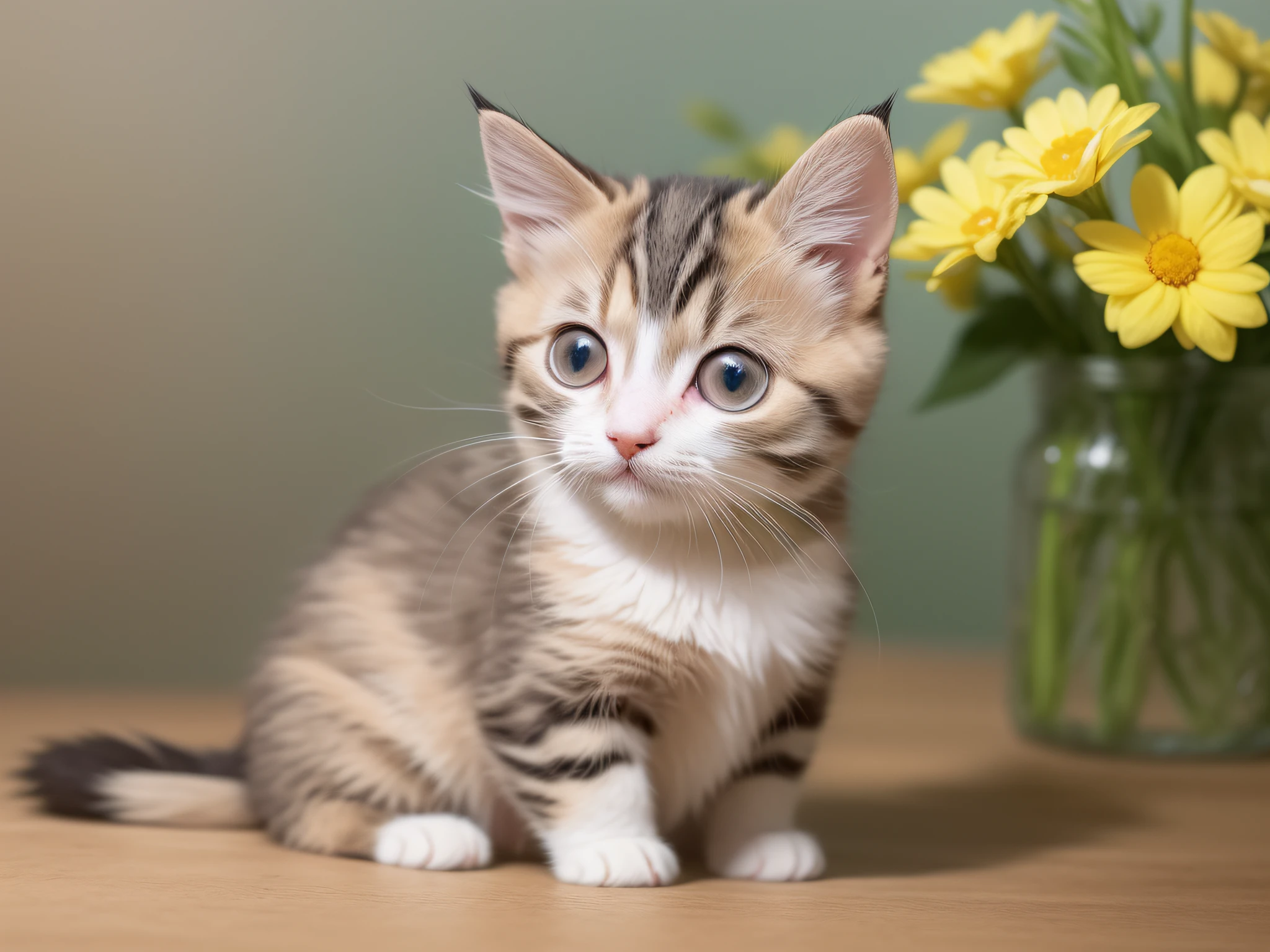 There is a kitten with a yellow back and a white belly sitting next to a pink flower, lovely digital painting, Cute detailed digital art, adorable digital art, cat. Digital painting, digital painting highly detailed, beautiful digital painting, Ultra-Realistic Illustrations, soft digital painting, Gorgeous digital painting, ultra-realistic picture, highly detailed digital painting, Detailed digital painting, Cute cat, Realistic illustration, stunning digital painting