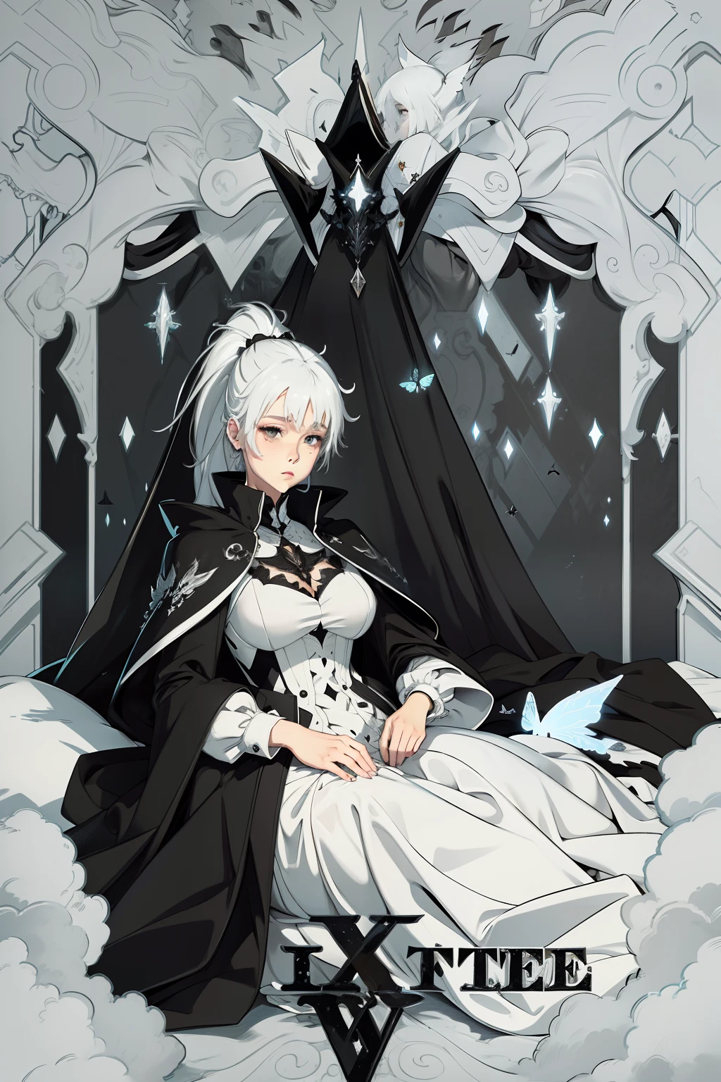 Monster white shirt black coat girl lying in pure black coffin， ultra - detailed ， Fantastical，Many black butterflies，Fantasy world，Not exposed，white  shirt，blacksuit，The left side is tied in a ponytail，Gray hair，Fantasy concept art black suit