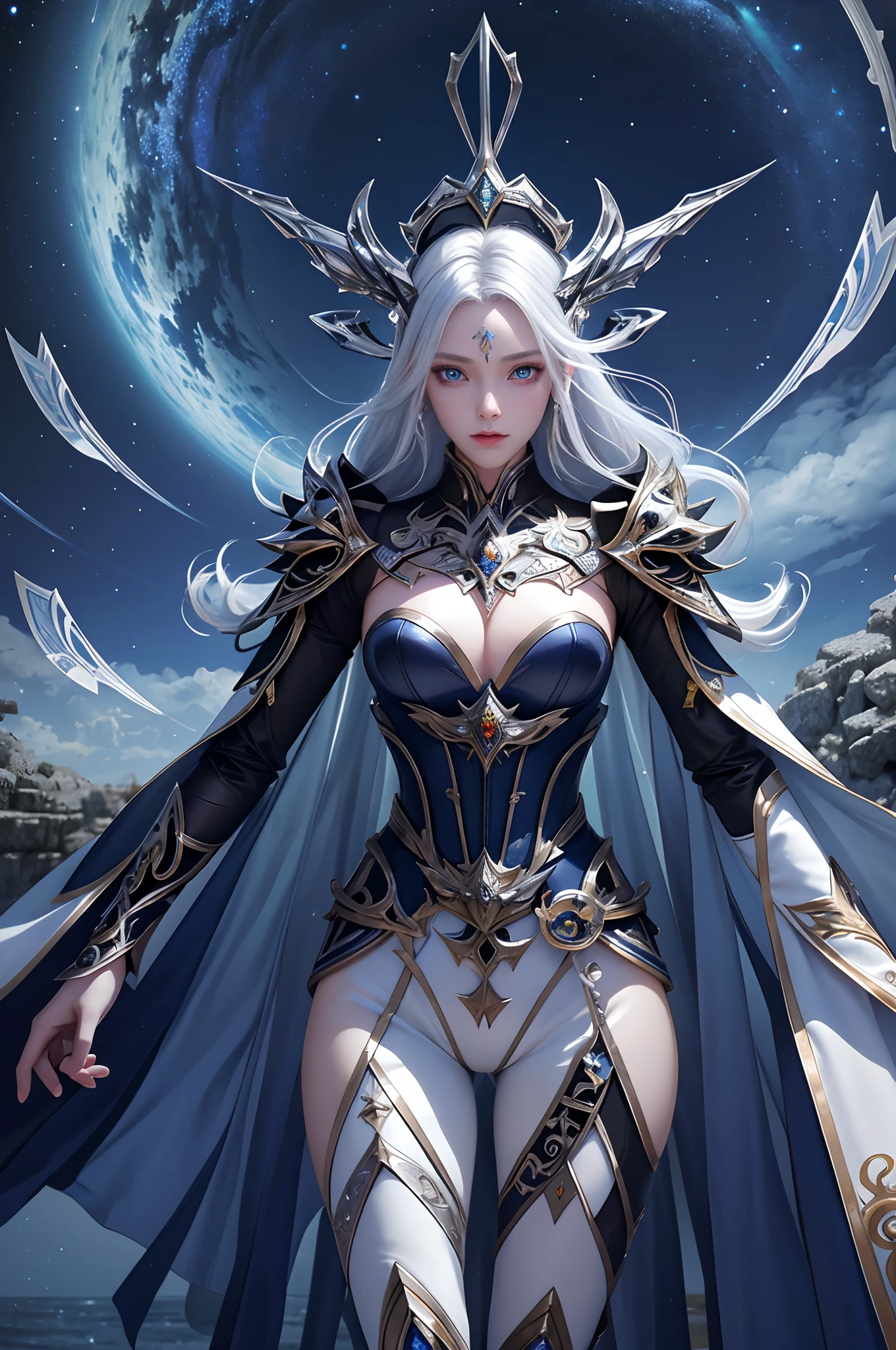 masterpiece,best quality,ultra-detailed,very detailed illustrations,extremely detailed,intricate details,highres,super complex details,extremely detailed 8k cg wallpaper,cowboy shot, caustics,reflection,ray tracing,demontheme,nebula,dark aura,cyber effect, (1girl:1.4),solo,alone,mecha musume,mechanical parts, robot joints,single mechanical arm, headgear, mechanical halo,star halo,intricate mechanical bodysuit, mecha corset, kimono, full armor, very long hair,white hair, hair between eyes, multicolored hair, colored inner hair, red eyes,glowing eye,eye trail, random expressions,random action, ancient japanese architecture,pond, starry sky,skyline,