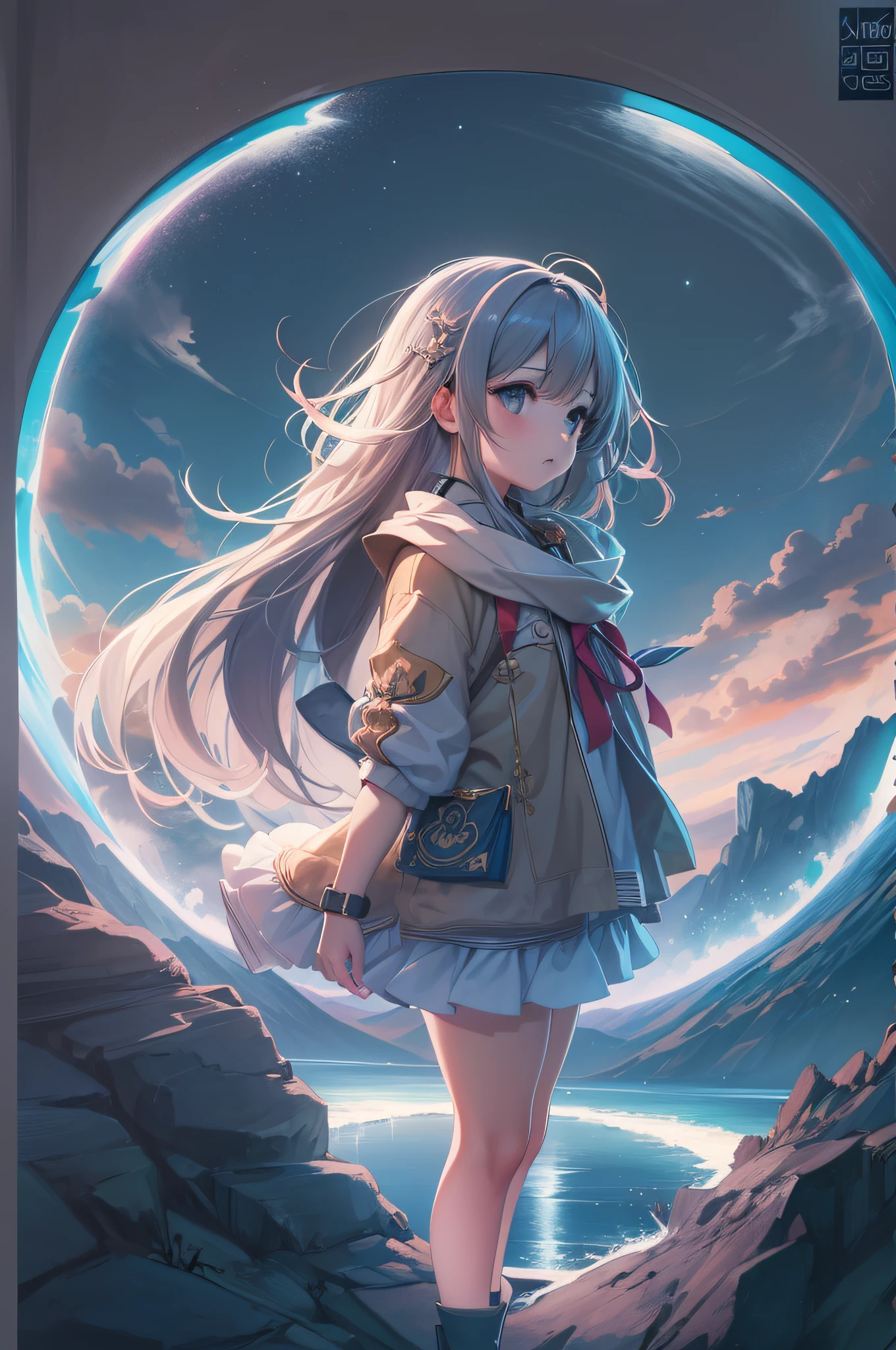 Anime girl standing on a rock on a circular light background, anime style 4 k, Anime art wallpaper 8k, anime girl with cosmic hair, anime art wallpaper 4k, anime art wallpaper 4k, anime wallpaper 4 k, anime wallpaper 4k, ethereal anime, 4k anime wallpaper, anime moe art style, anime epic artwork, anime lighting、(8K, Raw photography, top-quality, masterpiece:1.2), (realisitic, Photorealsitic:1.37), ultra-detailliert, 1 rapariga, 独奏, cute little, Beautiful detailed sky,nigh sky