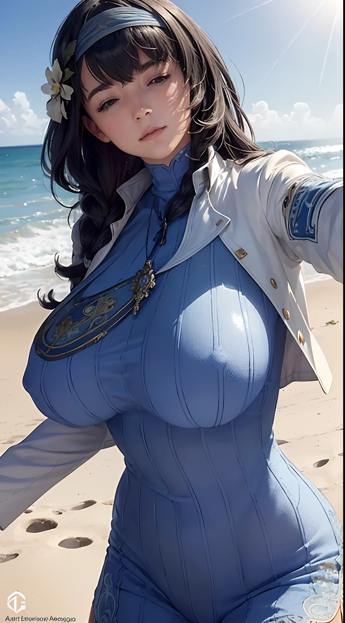 (((beautiful))),mary,blue sweater, white jacket, cropped jacket, long sleeves, open clothes, ribbed sweater, armband, huge breasts,(((shiny skin))), ((intricate details)), hdr, ((intricate details, hyperdetailed)), cinematic shot, beach, summer, vignette, ((art by alphonso mucha))