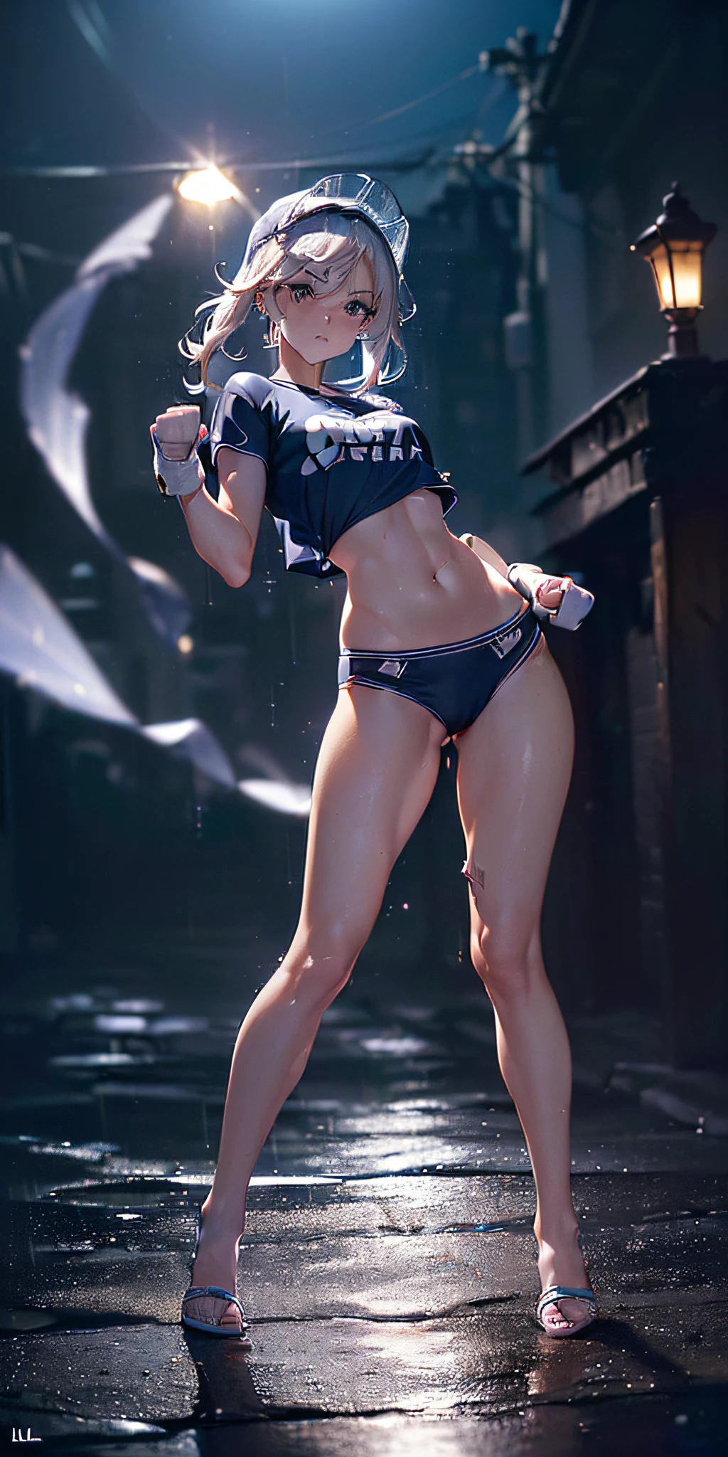 (((full body view, Maryms, La mejor calidad, (belleza), Obra maestra, only 1 girl, physically based representation, ultrahigh resolution, cintura estrecha, flaco, ojos grandes, piernas largas, (medianos y redondos senos), ojos hinchados, minifalda muy corta y rota, blusa holgada desgarrada, Noche, (Ciudad lluviosa), piel brillante, Visor de cara, Postura de lucha, (Fist Clenching), Firm expression)))