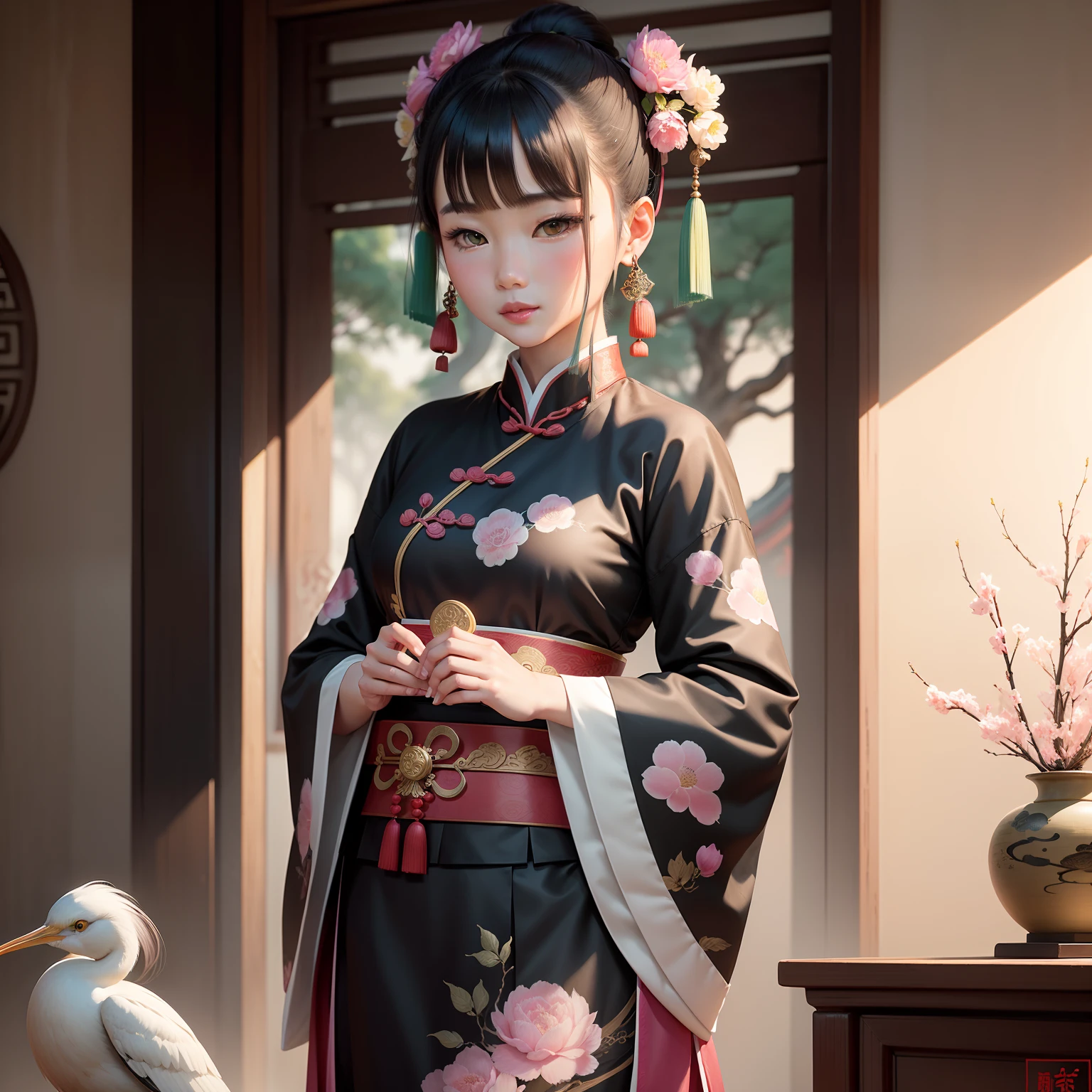 【Keyword parsing】
This is a work with a theme in the Chinese ink painting style！A
Ancient Chinese beauties wore traditional Han clothing，face to the viewer，long
It hangs near egrets，Has big charming eyes、com um rosto quadrado、small
Cherry mouth and charming face，The picture shows her wearing it up close
Traditional Chinese long earrings，It's hard to imagine how beautiful this girl is，
There are also flowers and birds in the painting，It presents the style of the ancient Chinese painter Song Huizong
case，Traditional Chinese ink painting style，Leave a certain amount of blanks，
Free brushstrokes，Green and pink matching，High level of detail and height
quality。
