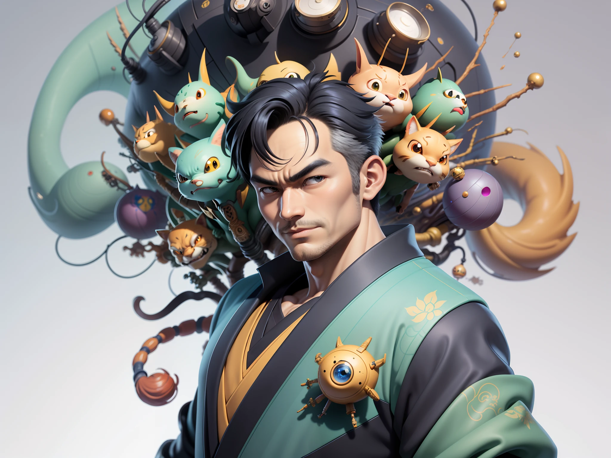 (Masterpiece), (Excellent), (Super Meticulous), (Full Body: 1.2), Super Young Man, Oriental Face, Japanese Kimono, Japanese Wind Thunder God, Dragon, Tiger, TV Anchor, Bust Portrait Illustration, Alone, Black Suit, Blue Tie, Slightly Chubby Face, Very Clean Face, No Beard, Black Super Short Hair, Black Eyes, Confident Smile, 3c Computer Sub-Products, iPad, iPhone, Digital Painting, 3D Character Design by Akira Toriyama and Mark Claireden and Pixar and Hayao Miyazaki, The illustration is a high-definition illustration in 4K resolution with very detailed facial features and cartoon-style visuals.