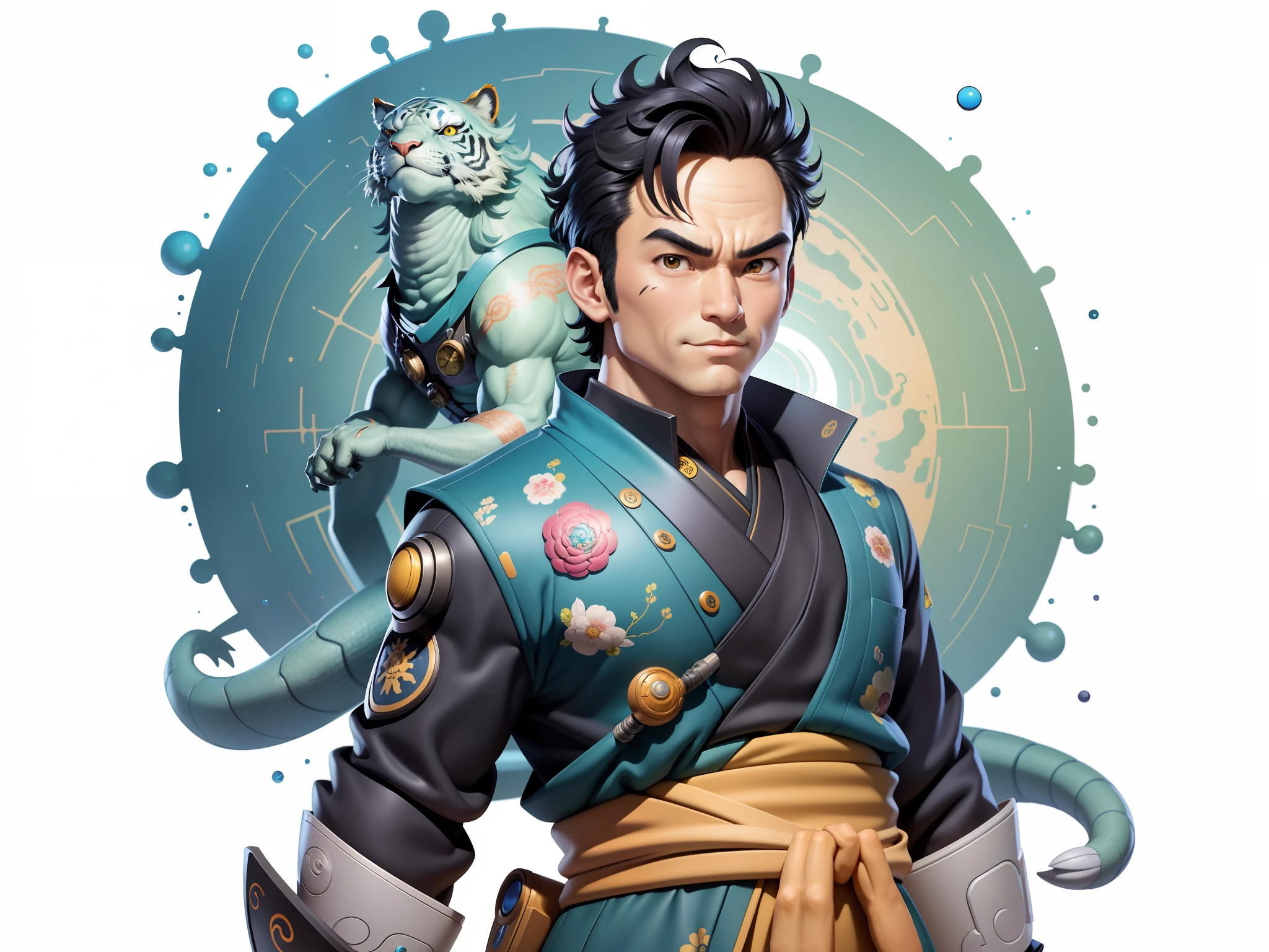 (Masterpiece), (Excellent), (Super Meticulous), (Full Body: 1.2), Super Young Man, Oriental Face, Japanese Kimono, Japanese Wind Thunder God, Dragon, Tiger, TV Anchor, Bust Portrait Illustration, Alone, Black Suit, Blue Tie, Slightly Chubby Face, Very Clean Face, No Beard, Black Super Short Hair, Black Eyes, Confident Smile, 3c Computer Sub-Products, iPad, iPhone, Digital Painting, 3D Character Design by Akira Toriyama and Mark Claireden and Pixar and Hayao Miyazaki, The illustration is a high-definition illustration in 4K resolution with very detailed facial features and cartoon-style visuals.